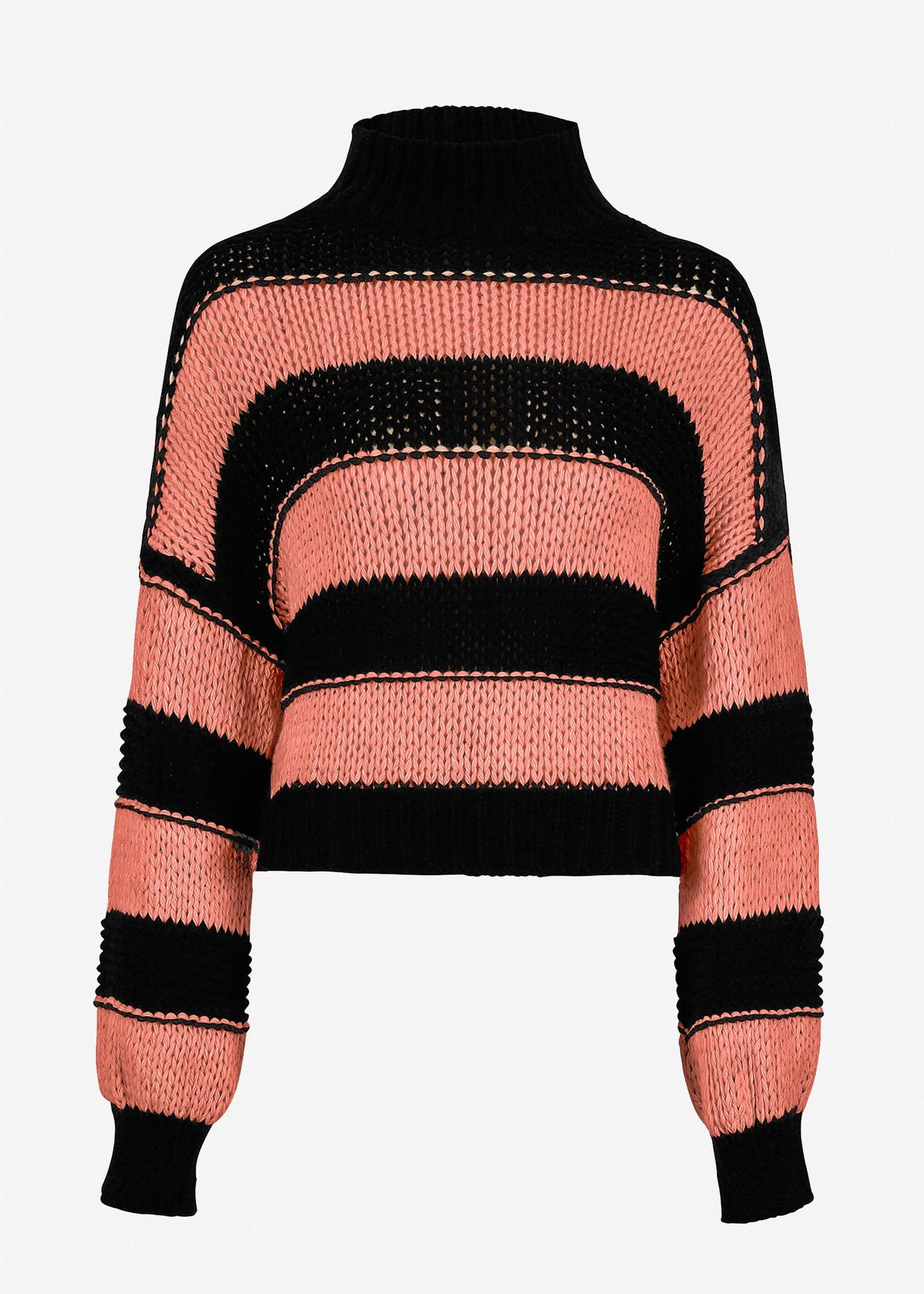 Turtleneck sweater with stripes - black and rust red
