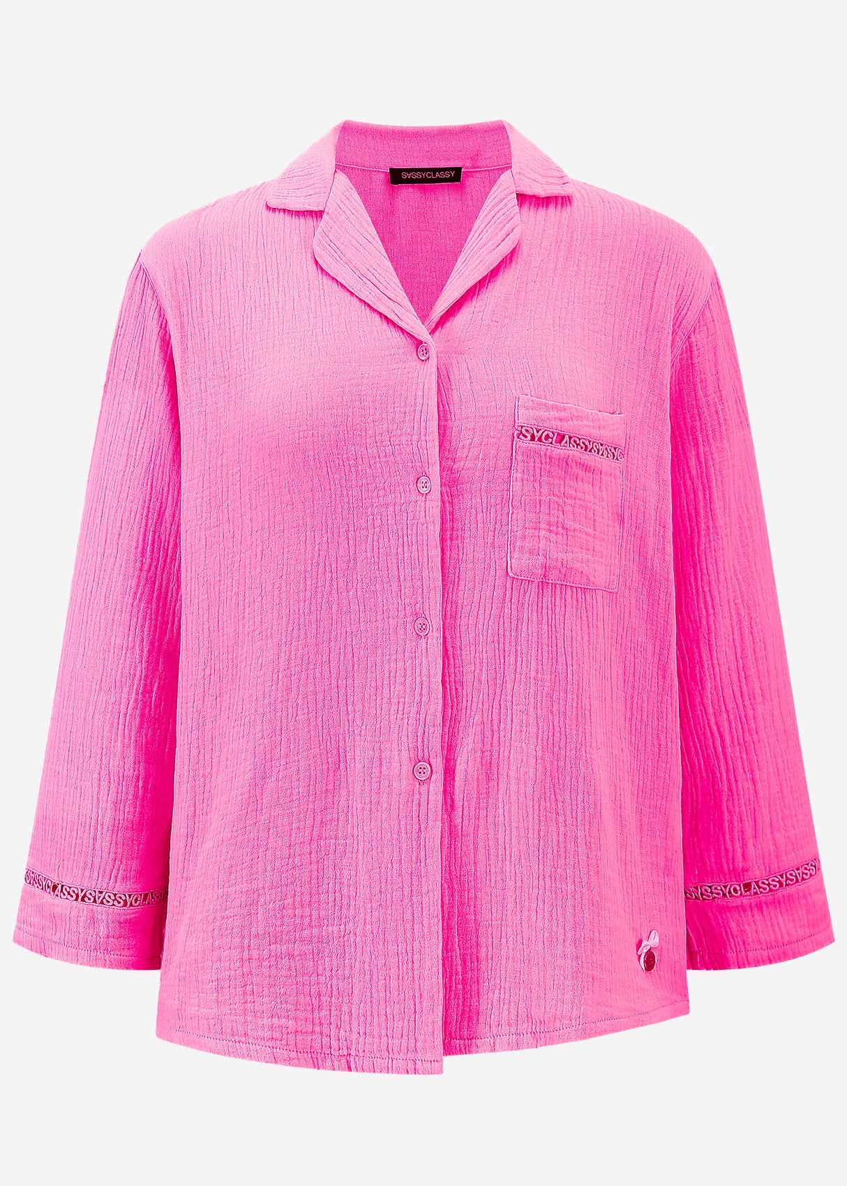 Musselin Pyjamabluse mit Spitzenborte - pink