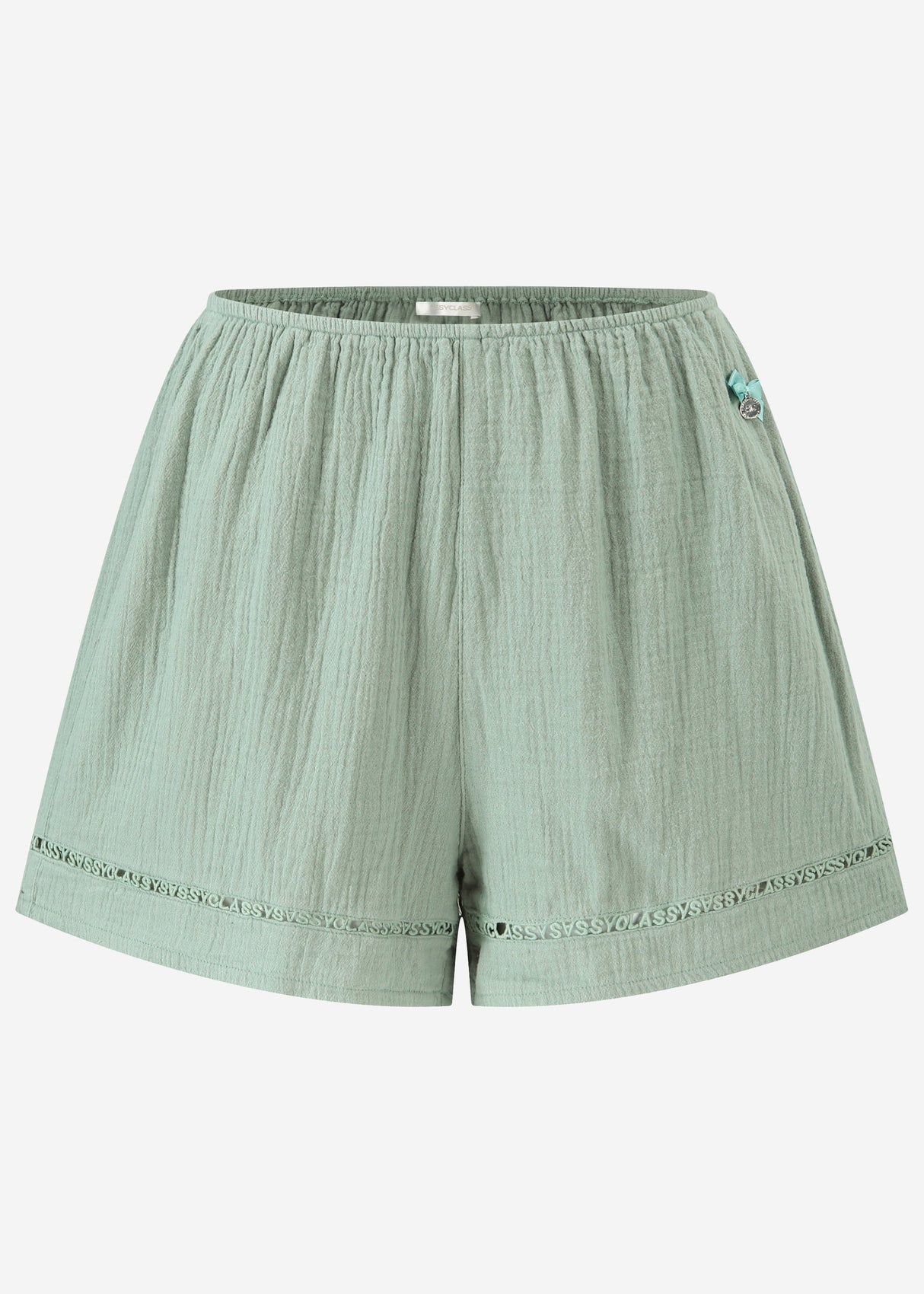Musselin Pyjamashorts mit Spitzenborte - salbeigrün