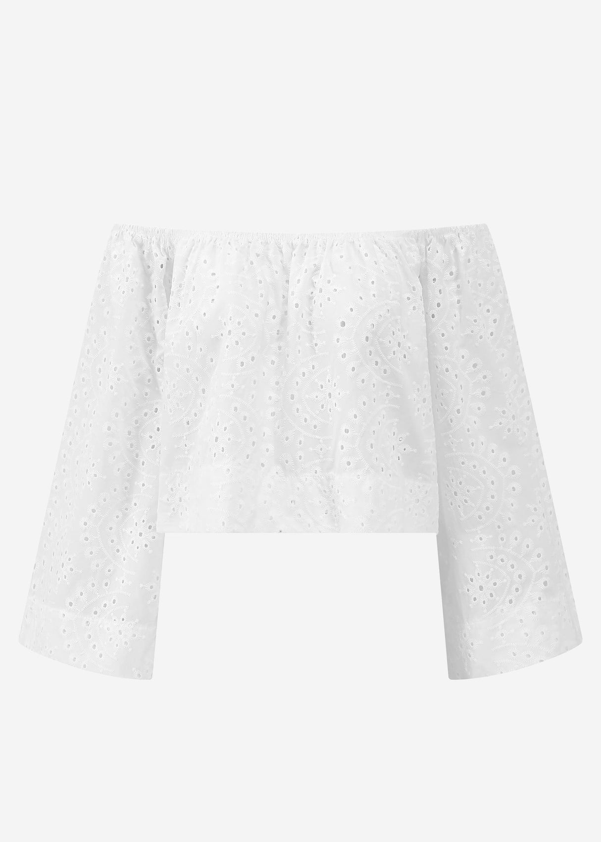 Schulterfreies Langarm Top mit Lochstickerei - weiß