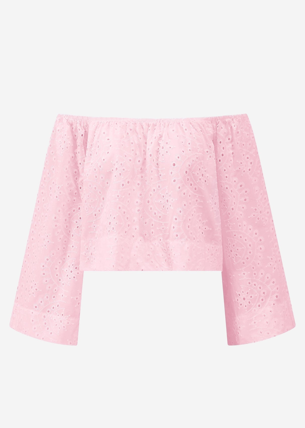 Shoulder -free long -sleeved top with hole embroidery - pink