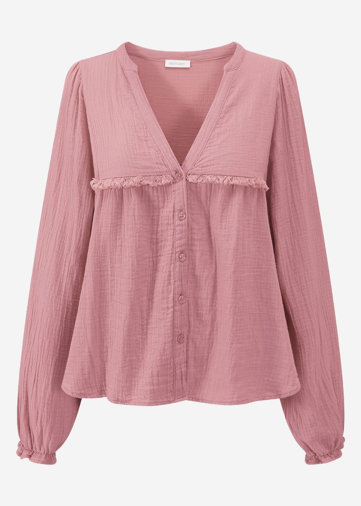 Musselin Bluse mit V-Ausschnitt und Fransen - altrosa
