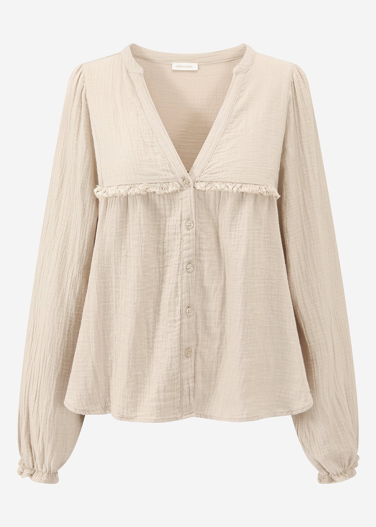 Musselin Bluse mit V-Ausschnitt und Fransen - beige