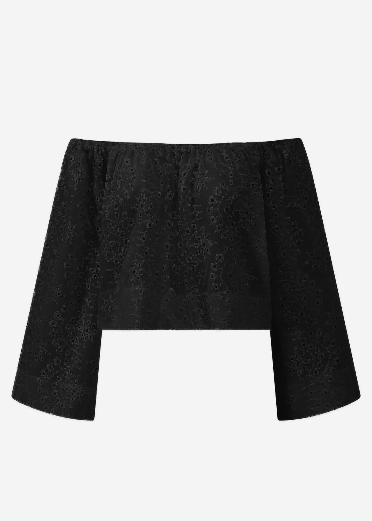 Off-the-shoulder long sleeve top with eyelet embroidery - black