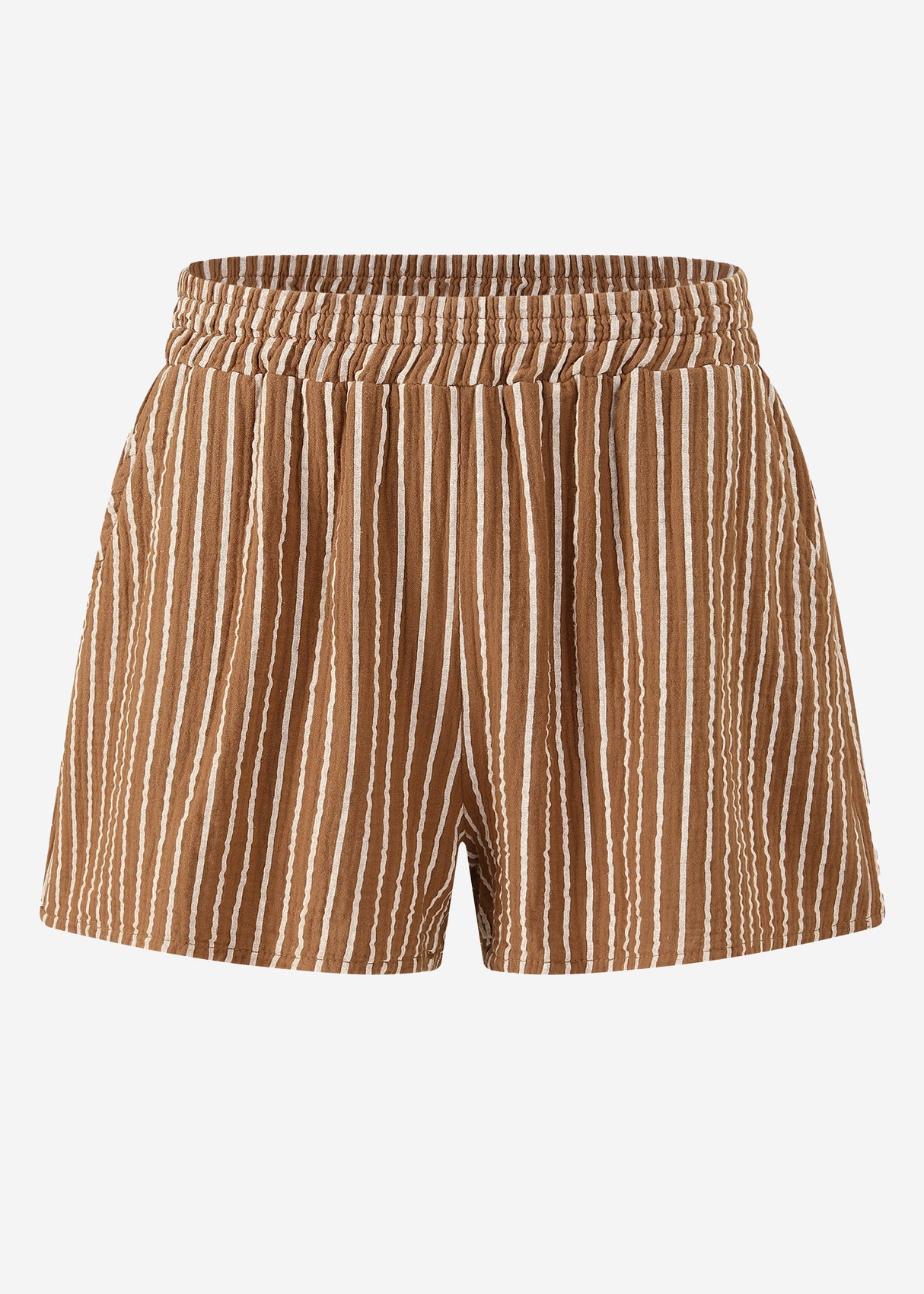 Gestreifte Musselin Shorts - cognac