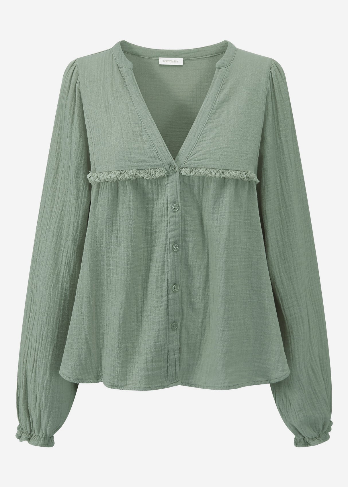 Musselin Bluse mit V-Ausschnitt und Fransen - salbeigrün