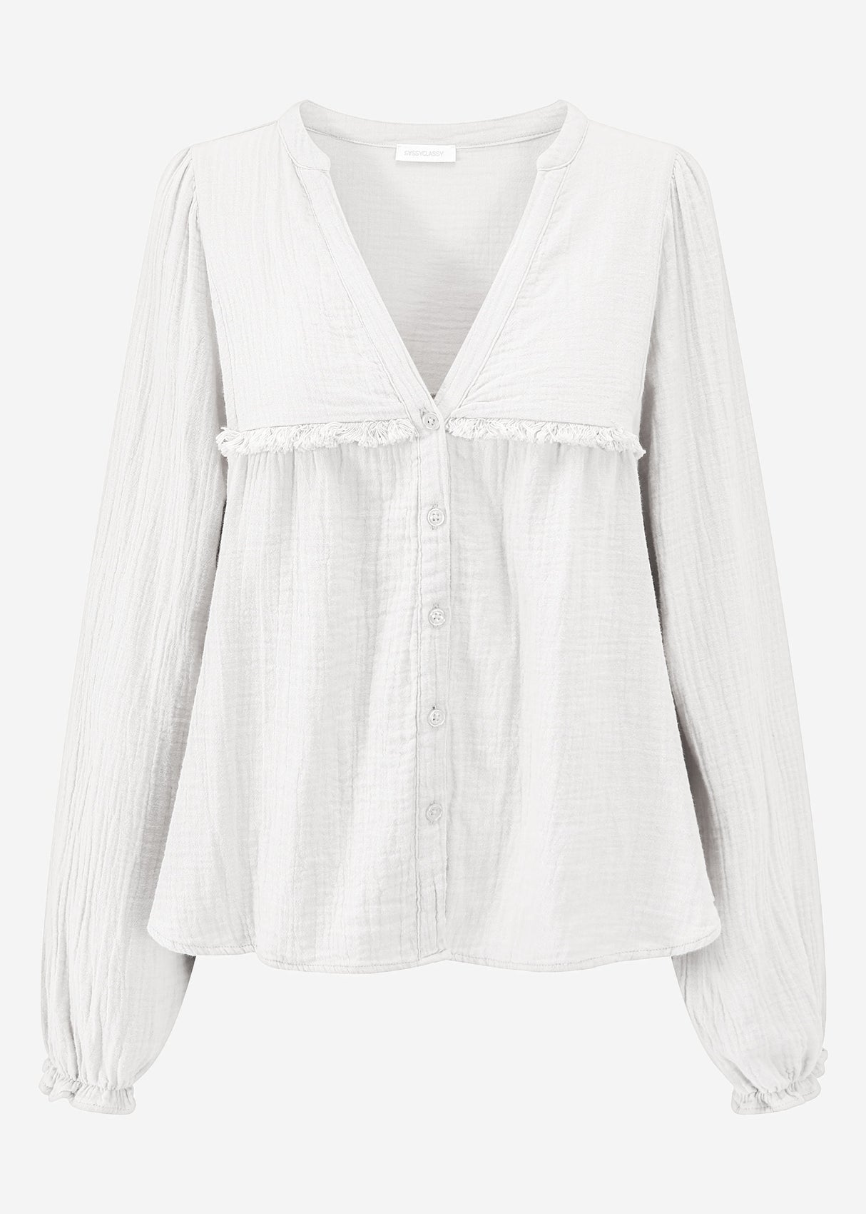Muslin blouse with V-neck and fringes - white