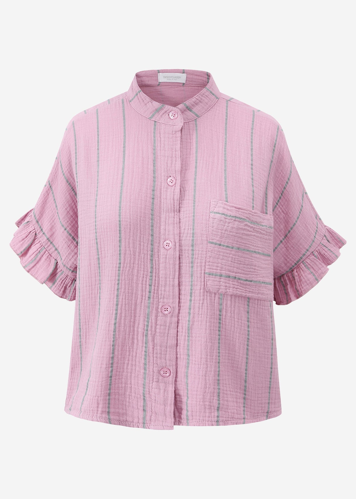 Gestreifte Musselin Bluse mit Volants - rosa
