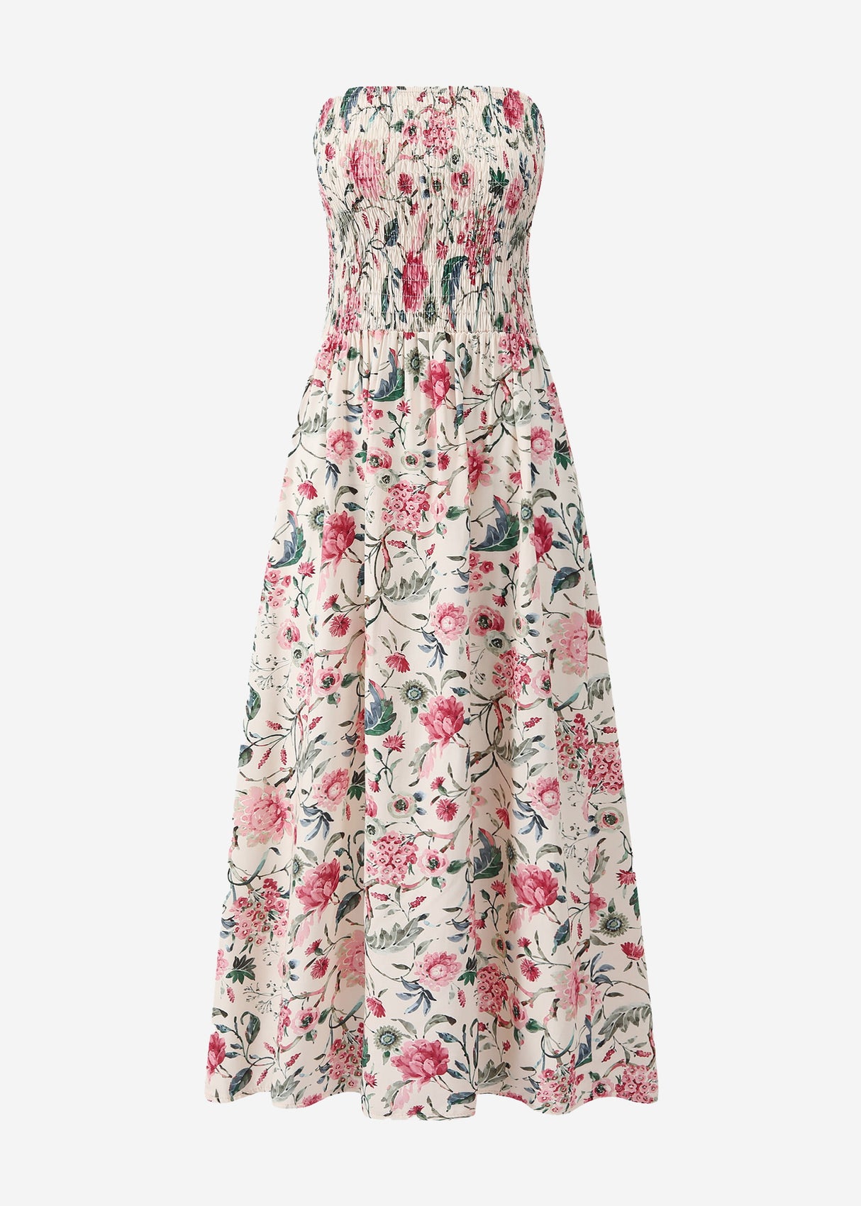 Gesmoktes Bandeau-Kleid mit floralem Print - beige