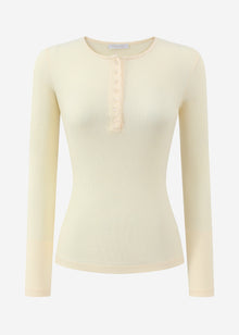 Geripptes Langarmshirt mit Knopfleiste - buttergelb