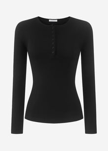 Geripptes Langarmshirt mit Knopfleiste - schwarz