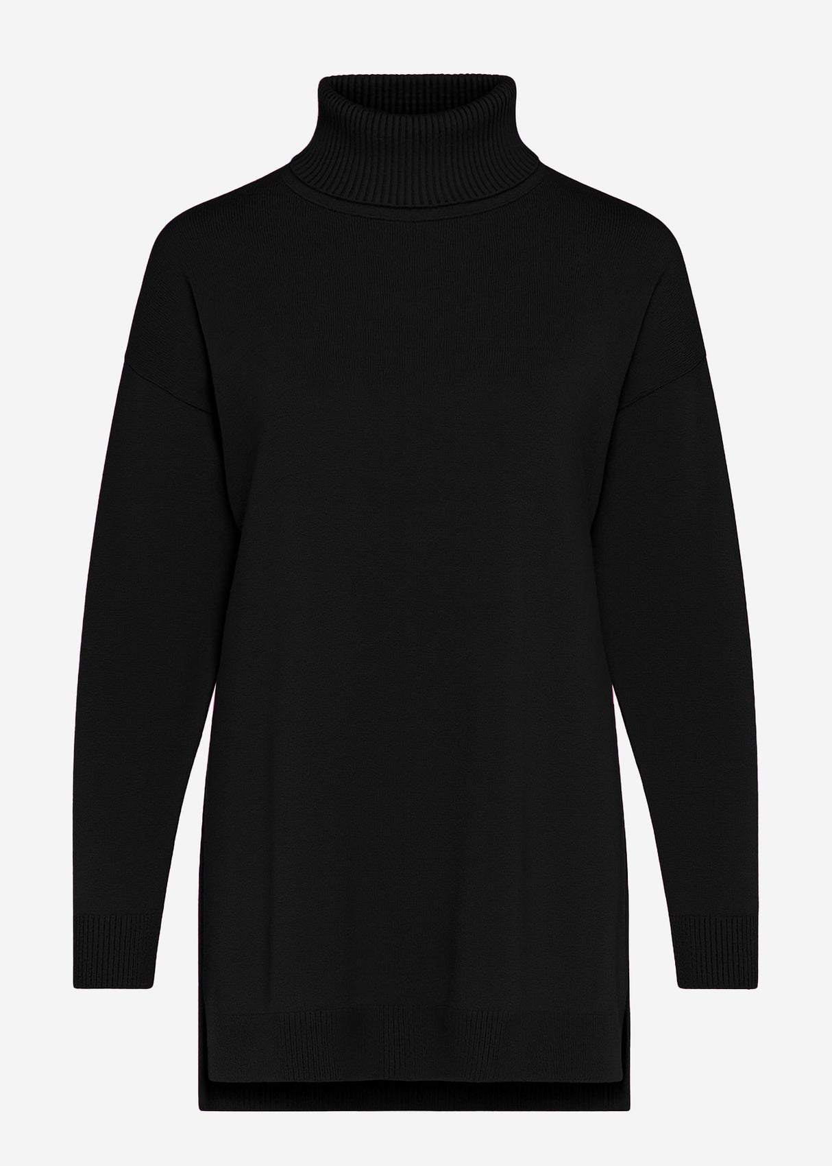 Oversized turtleneck sweater with long side slits - black