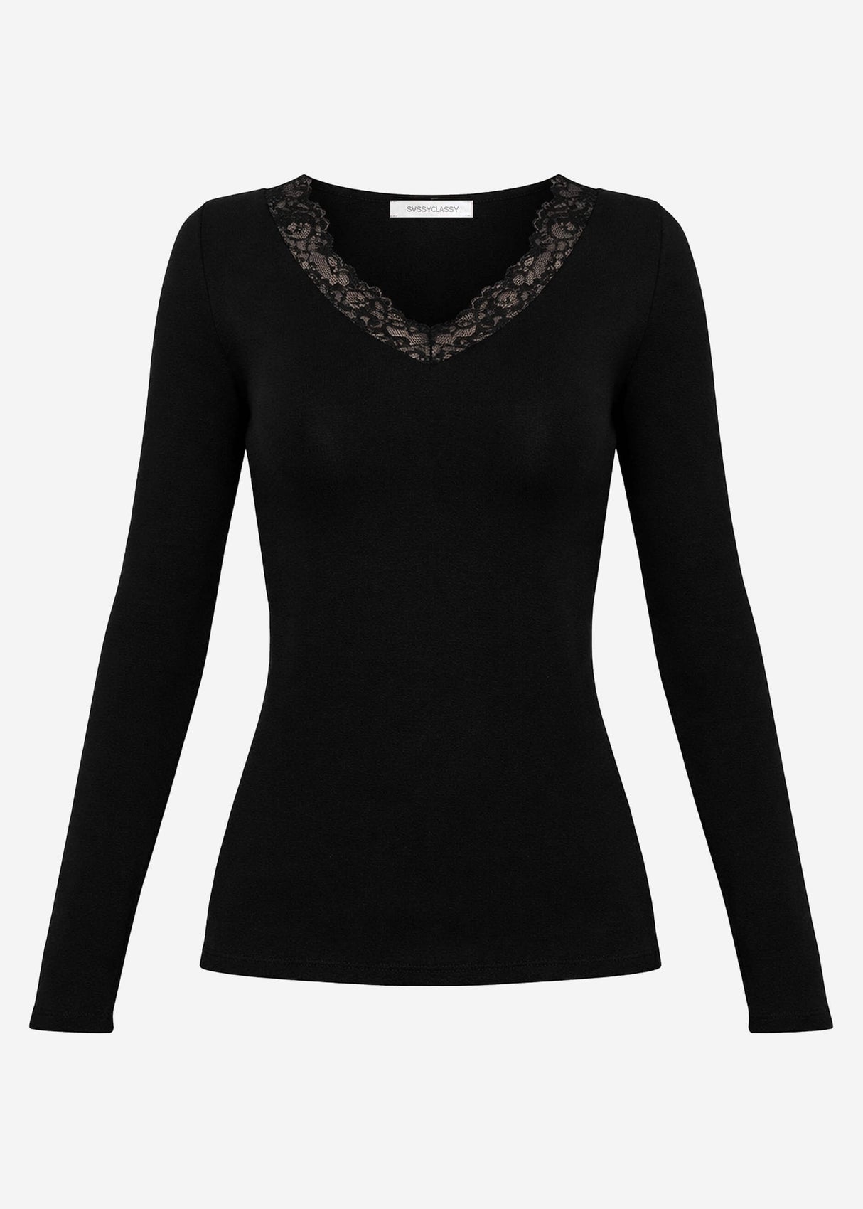 Langarmshirt mit Spitzenausschnitt - schwarz