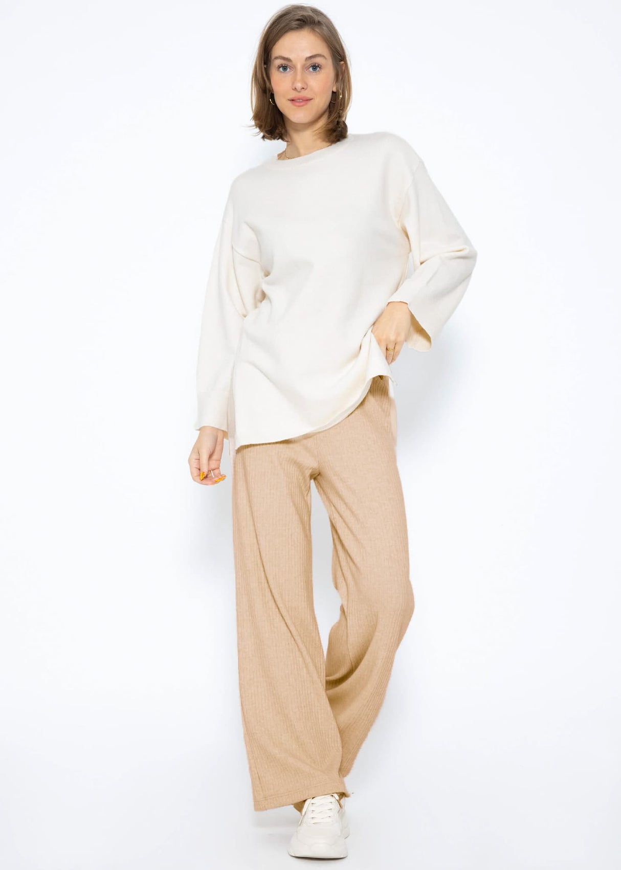 Ribbed wide-leg trousers - light beige