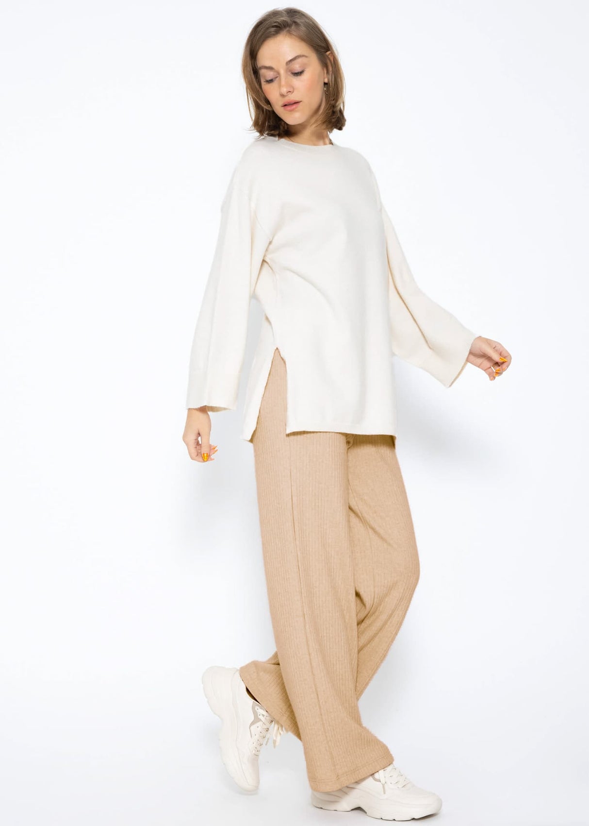 Ribbed wide-leg trousers - light beige
