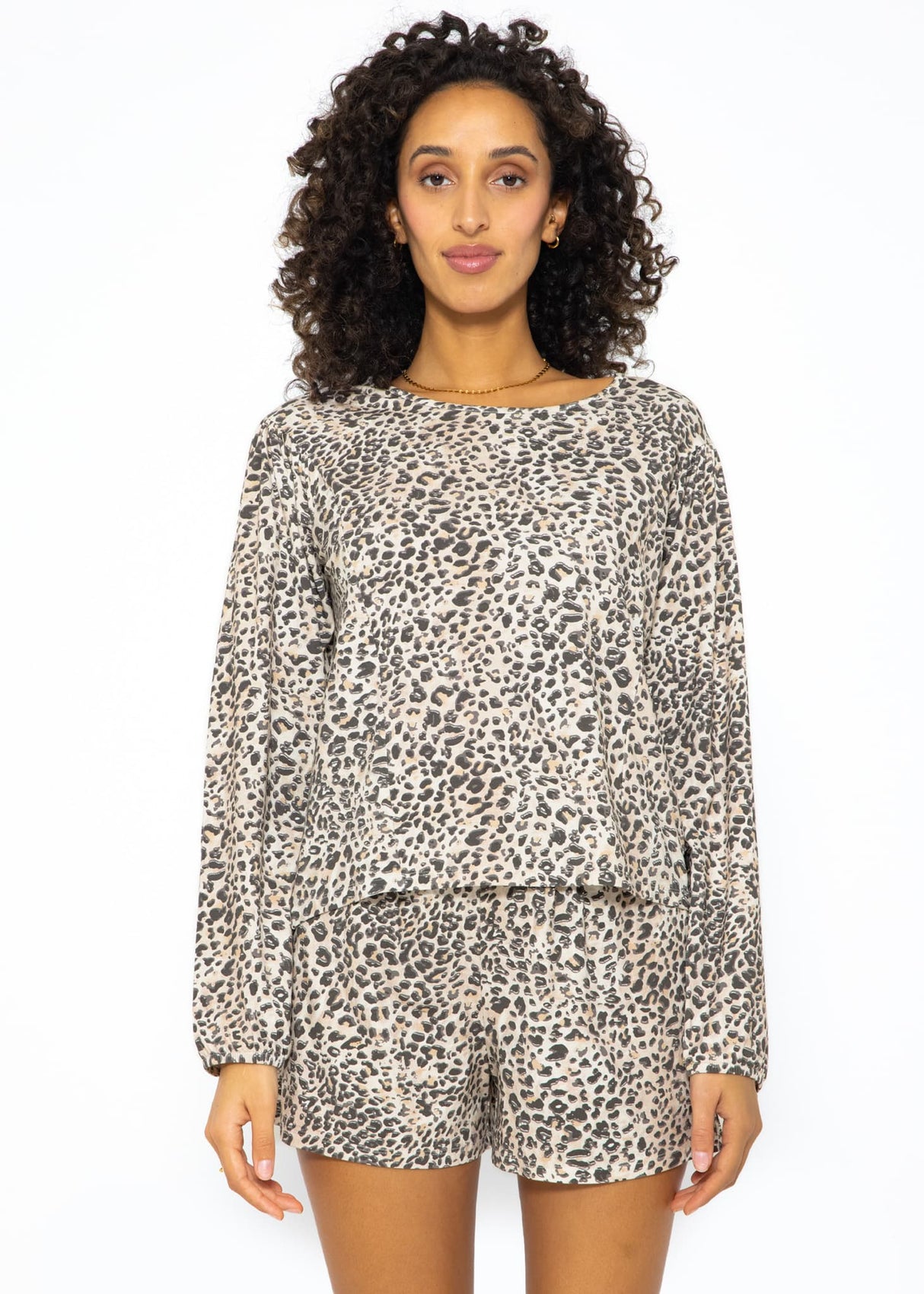 Langarm Pyjamashirt mit Leoprint - beige