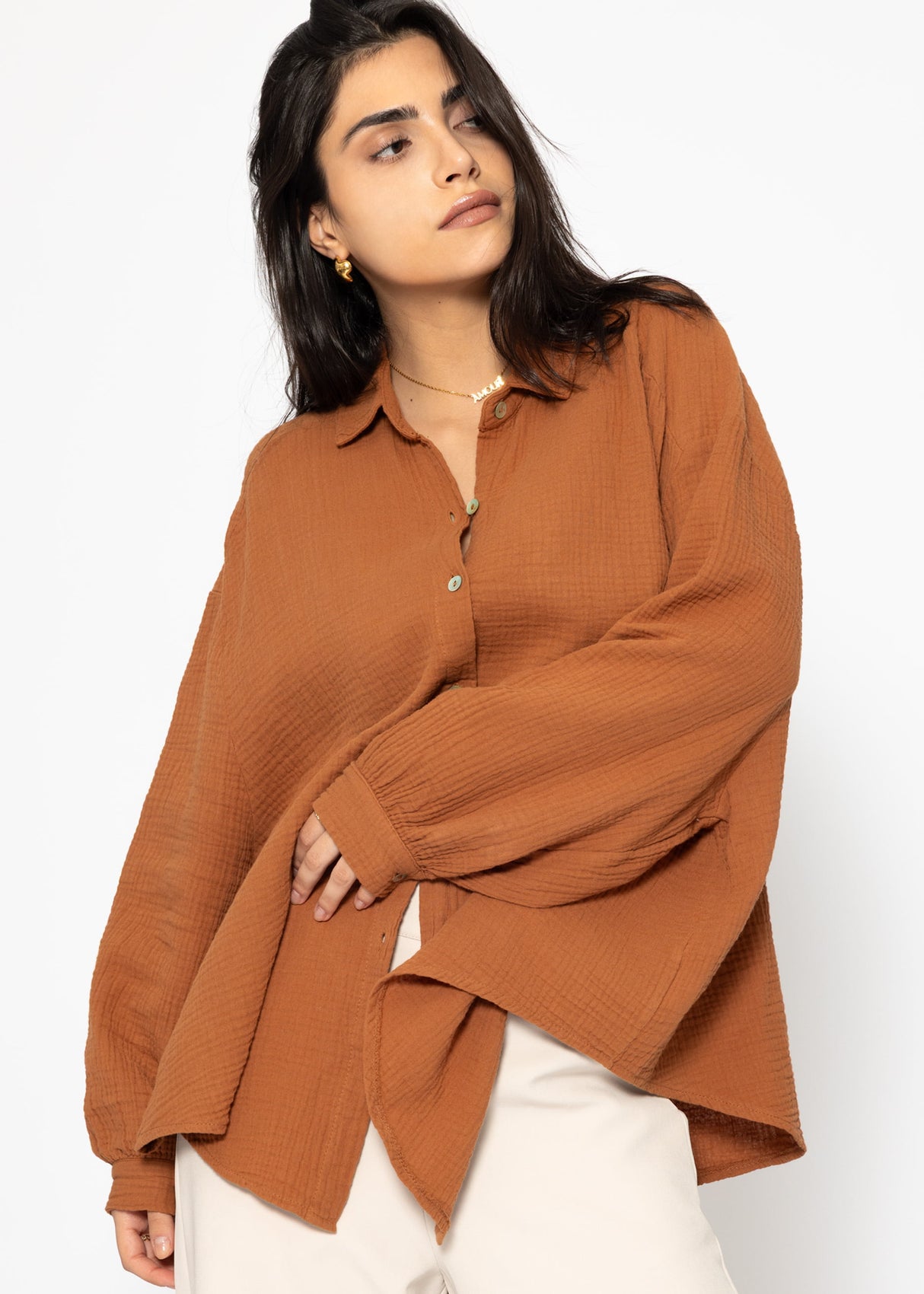 Musselin Bluse oversize, kurz, cognac