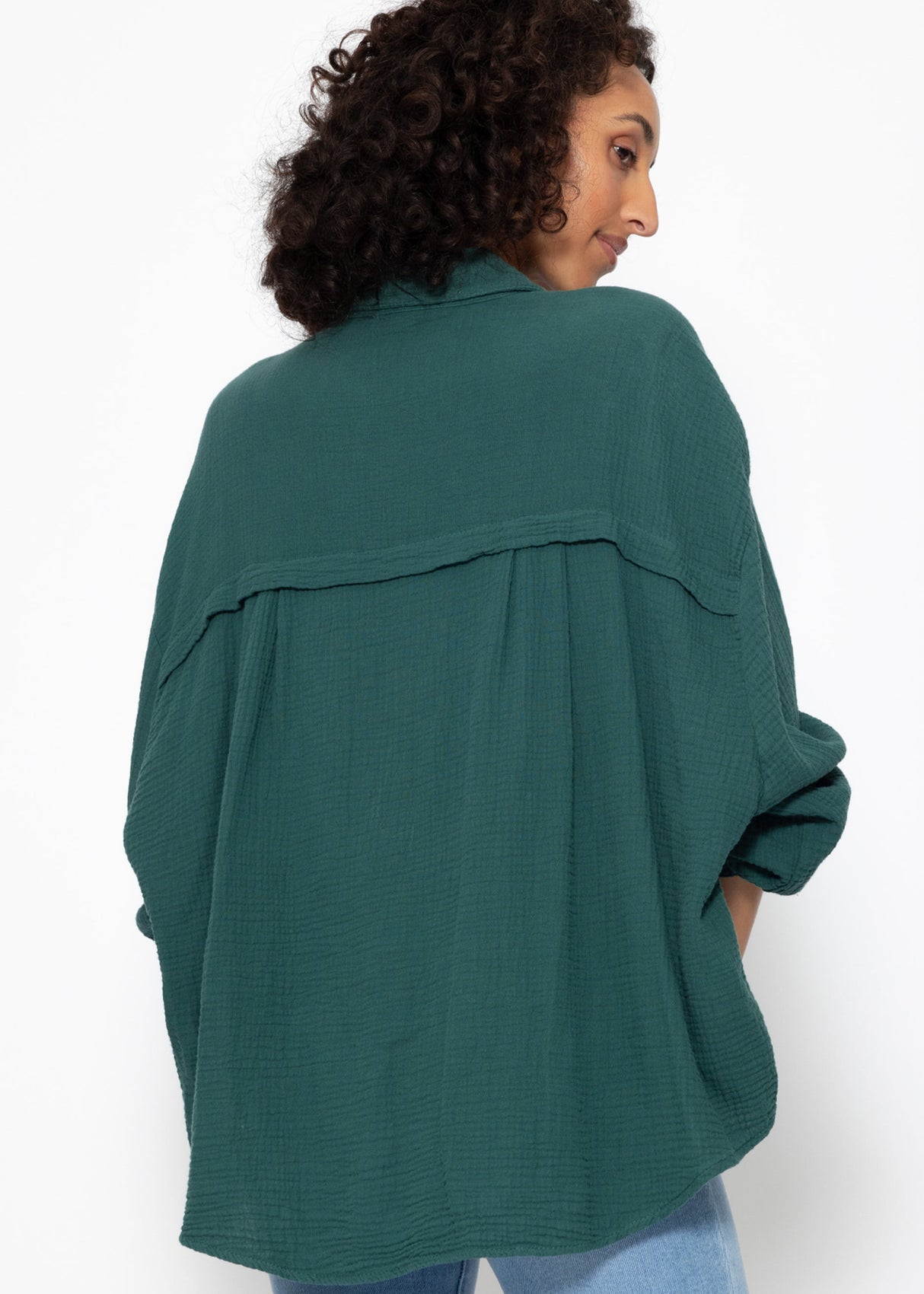 Musselin Bluse oversize, kurz, dunkelgrün