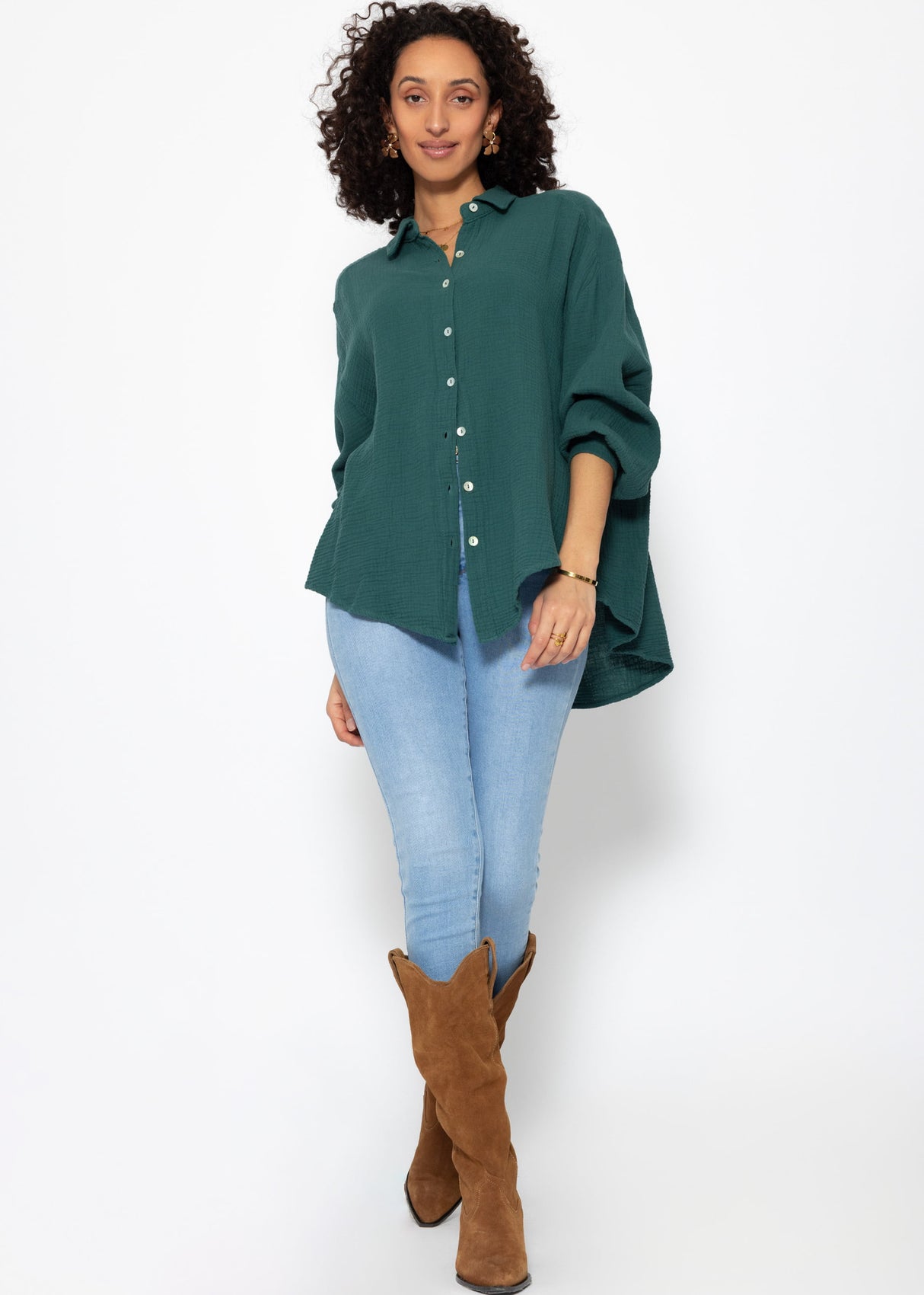 Musselin Bluse oversize, kurz, dunkelgrün
