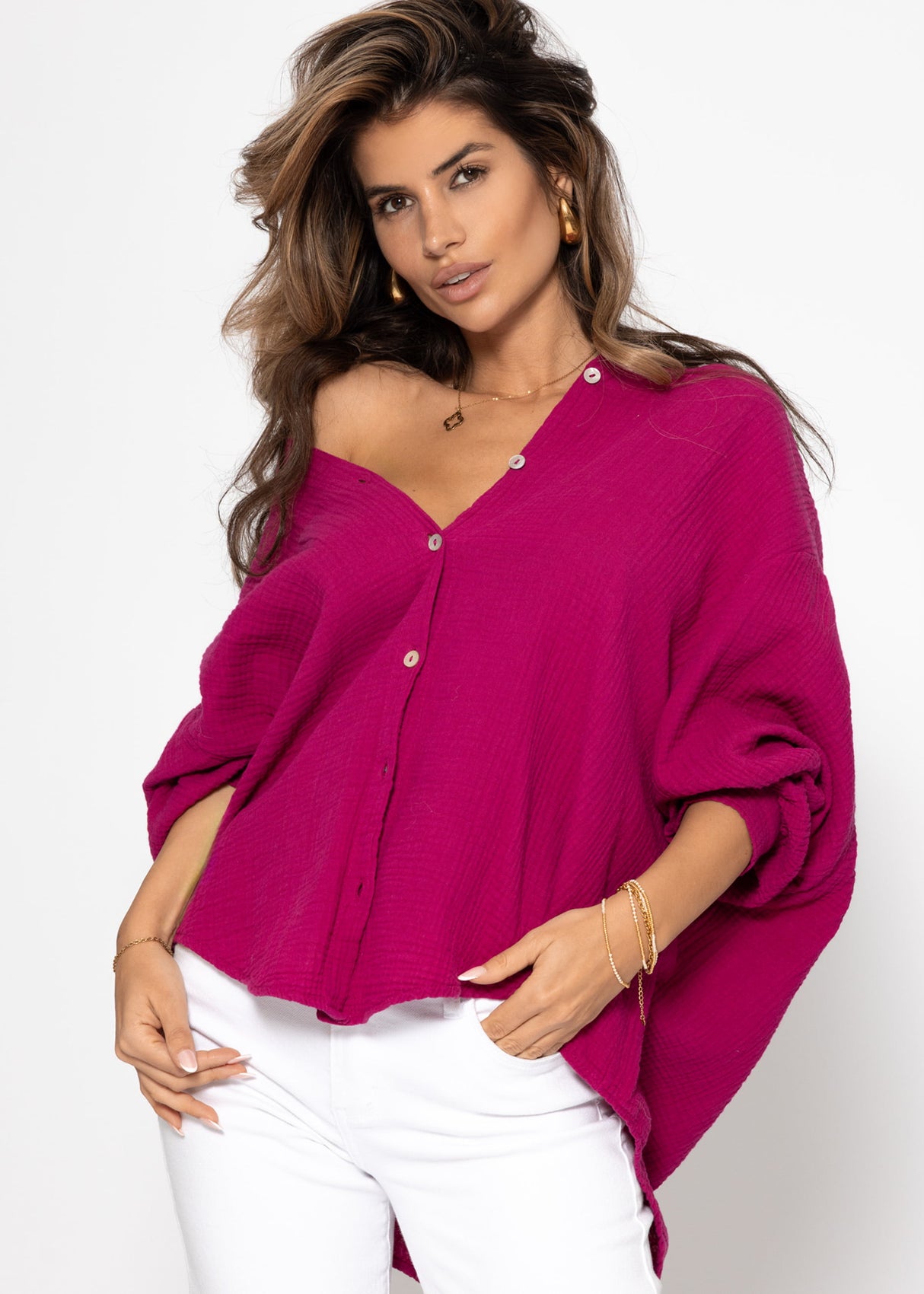Muslin blouse oversize, short, fuchsia