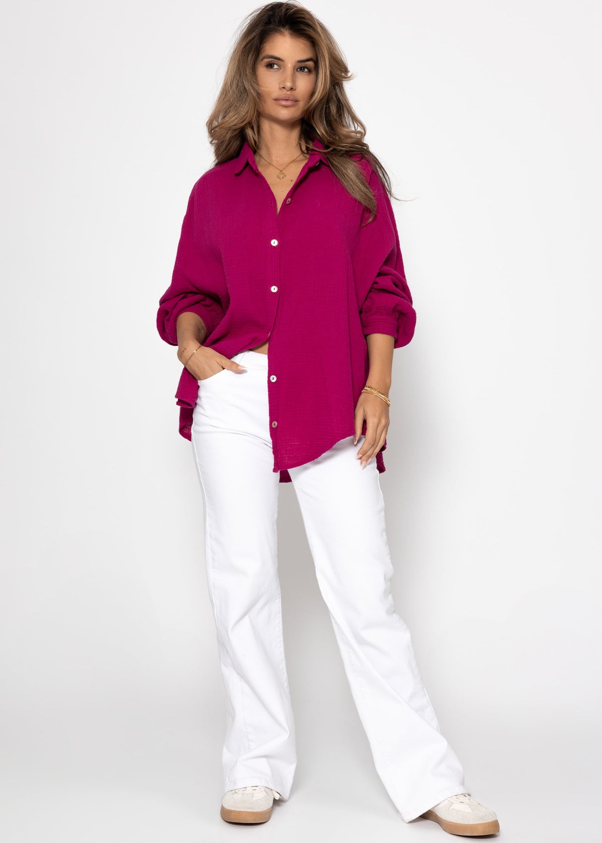 Muslin blouse oversize, short, fuchsia