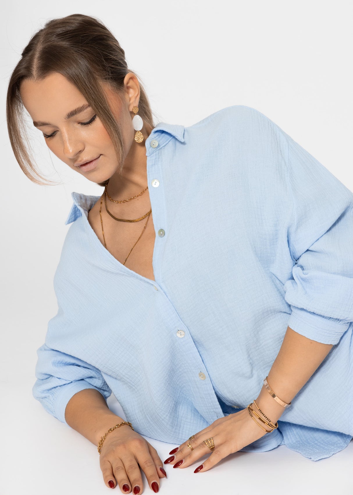 Musselin Bluse oversize, kurz, hellblau