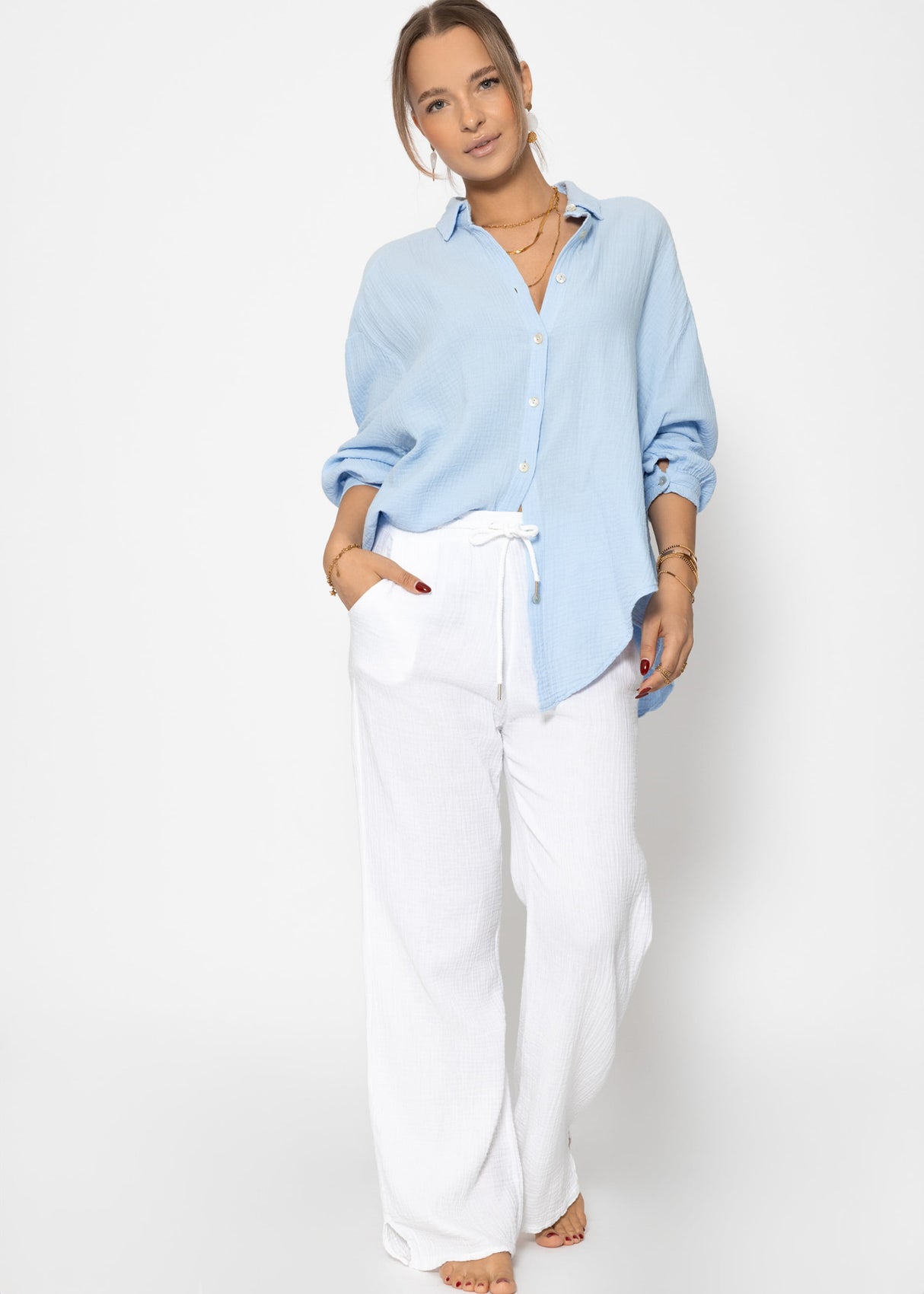 Musselin Bluse oversize, kurz, hellblau