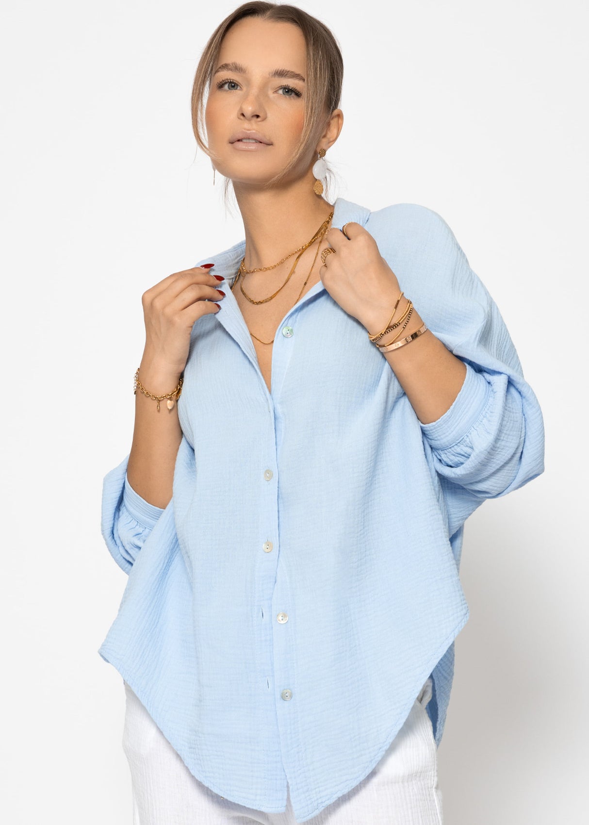 Musselin Bluse oversize, kurz, hellblau