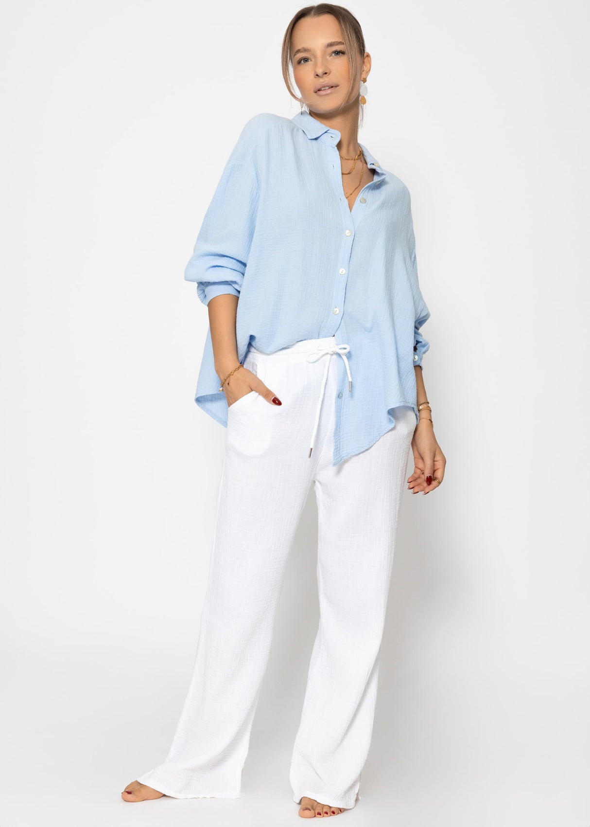 Musselin Bluse oversize, kurz, hellblau