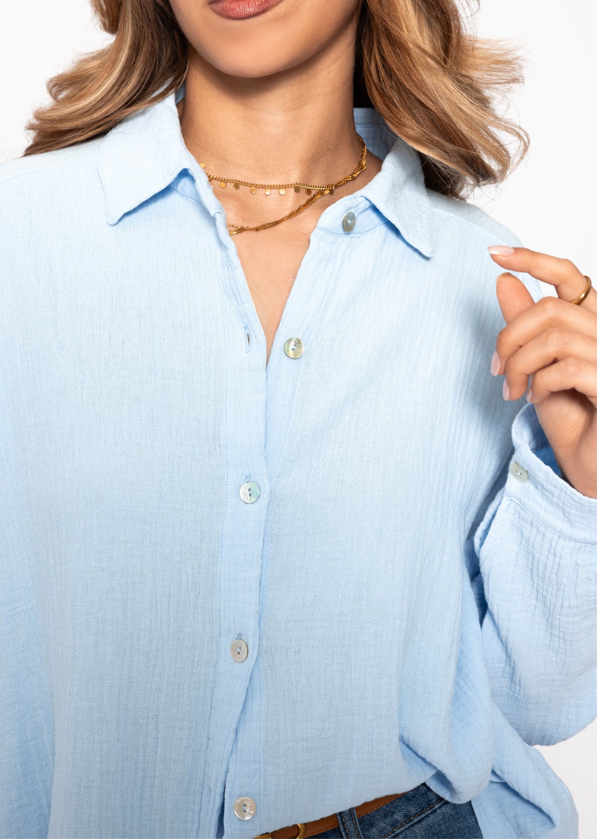 Muslin blouse oversize, short, light blue