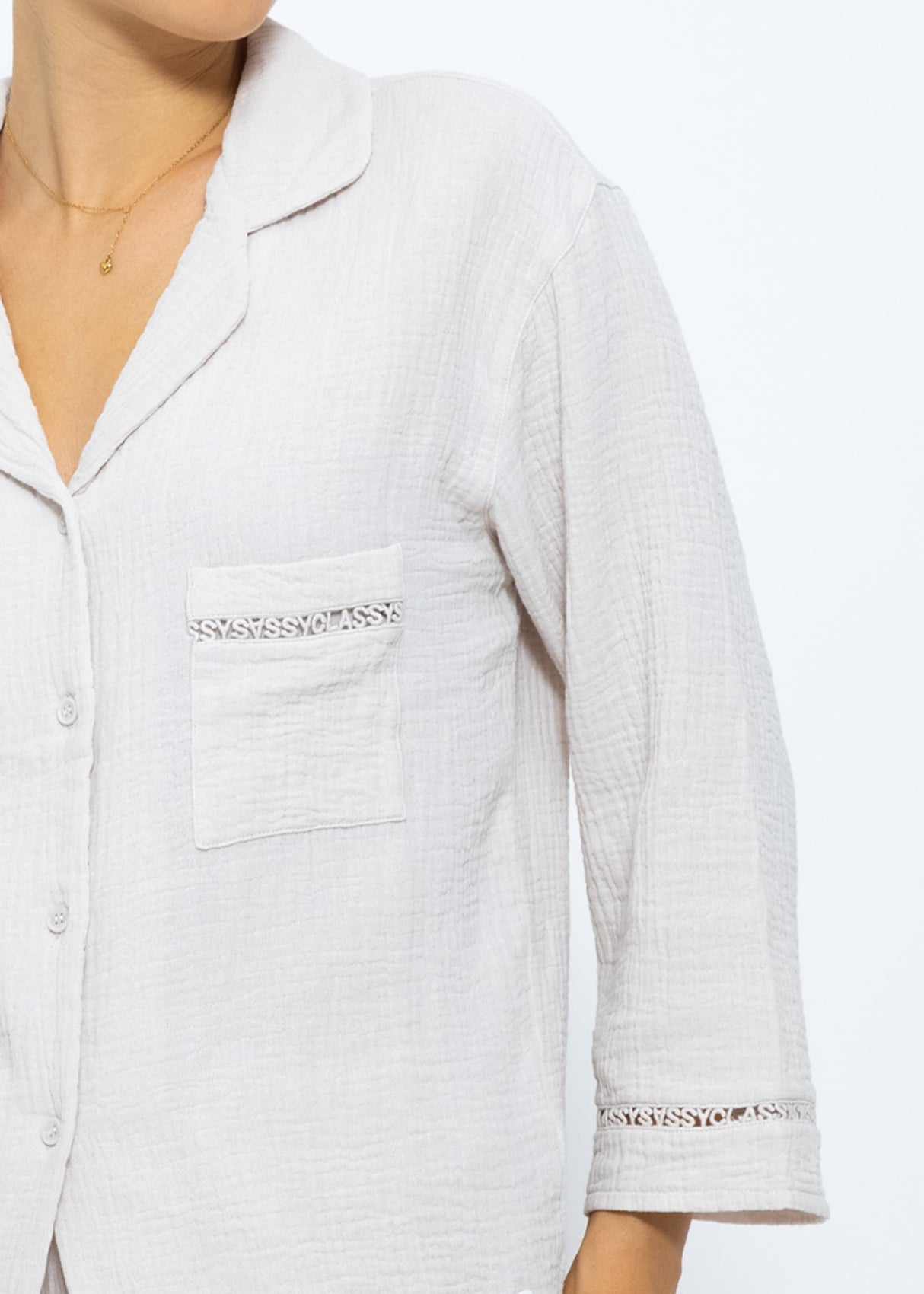 Musselin Pyjamabluse mit Spitzenborte - hellbeige