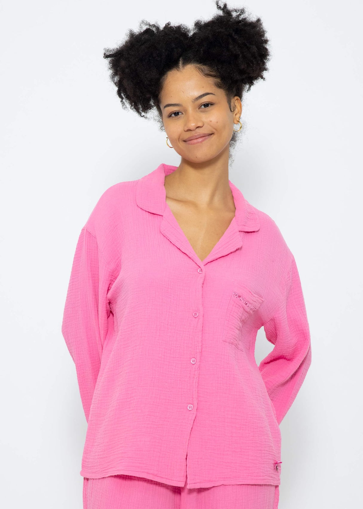 Musselin Pyjamabluse mit Spitzenborte - pink