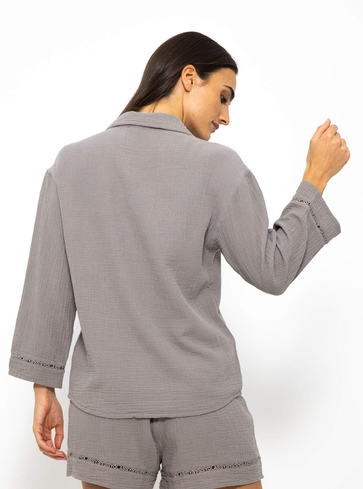 Musselin Pyjamabluse mit Spitzenborte - taupe
