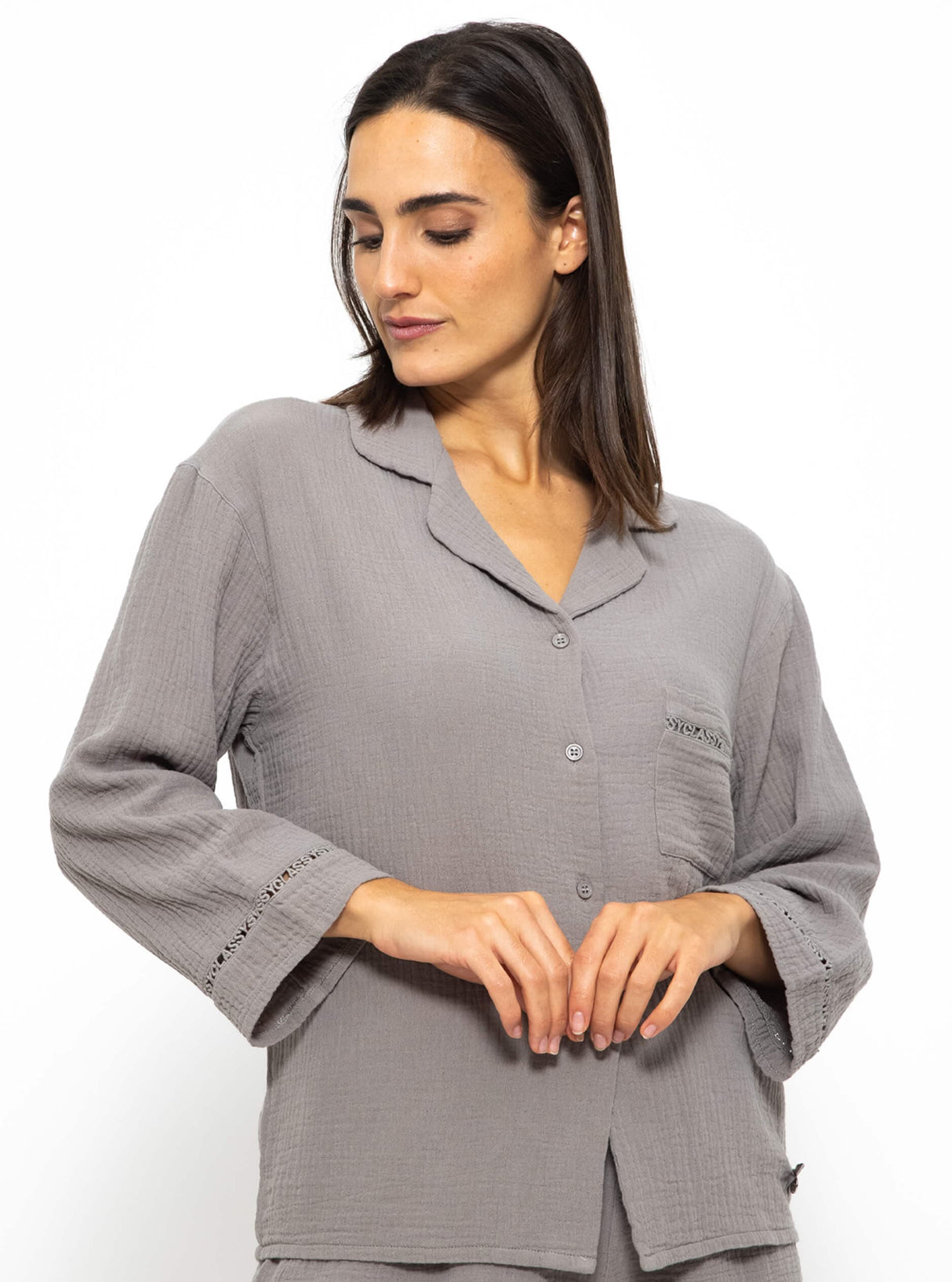 Musselin Pyjamabluse mit Spitzenborte - taupe