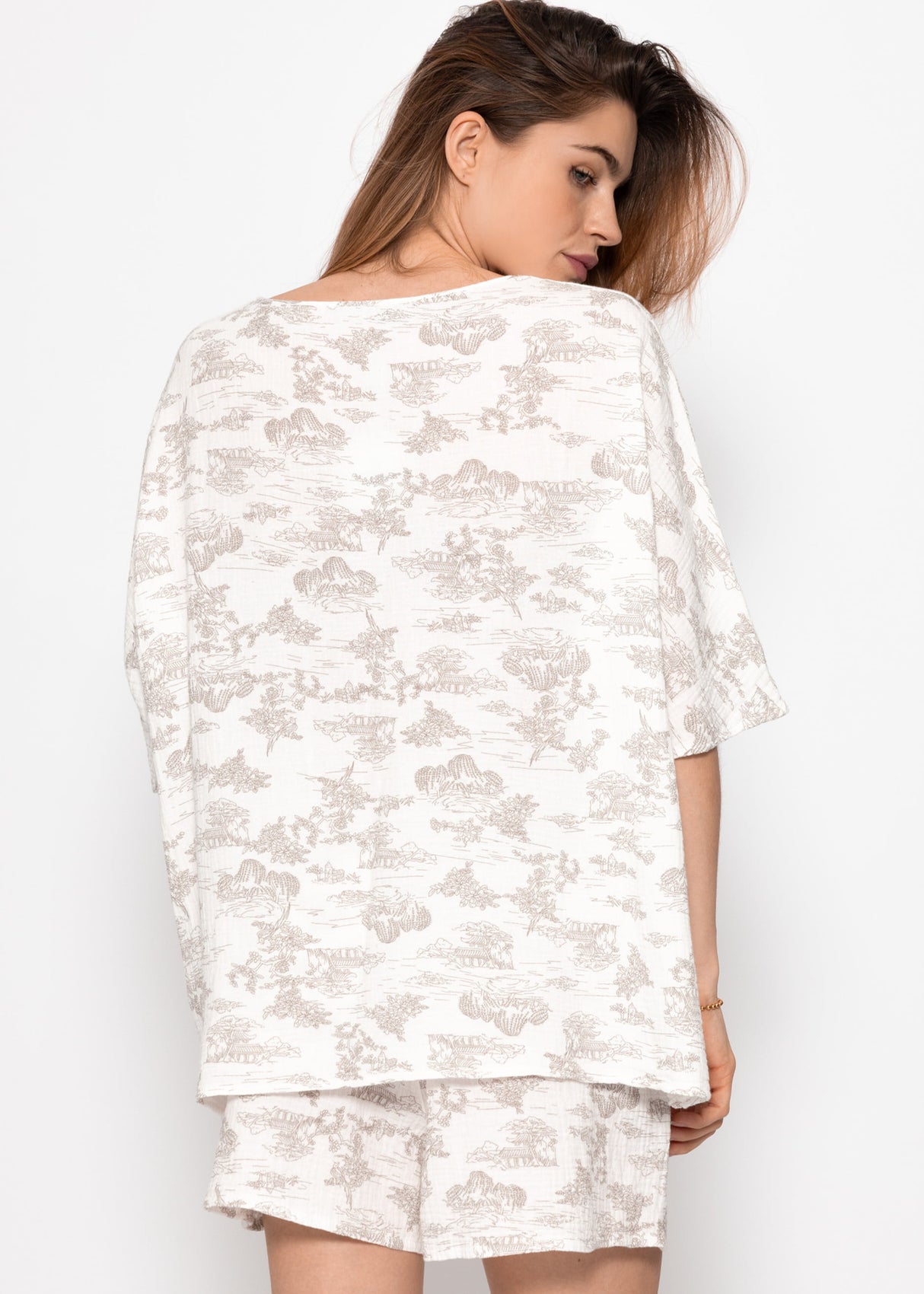 Musselin Pyjamashirt mit Print - weiß-taupe