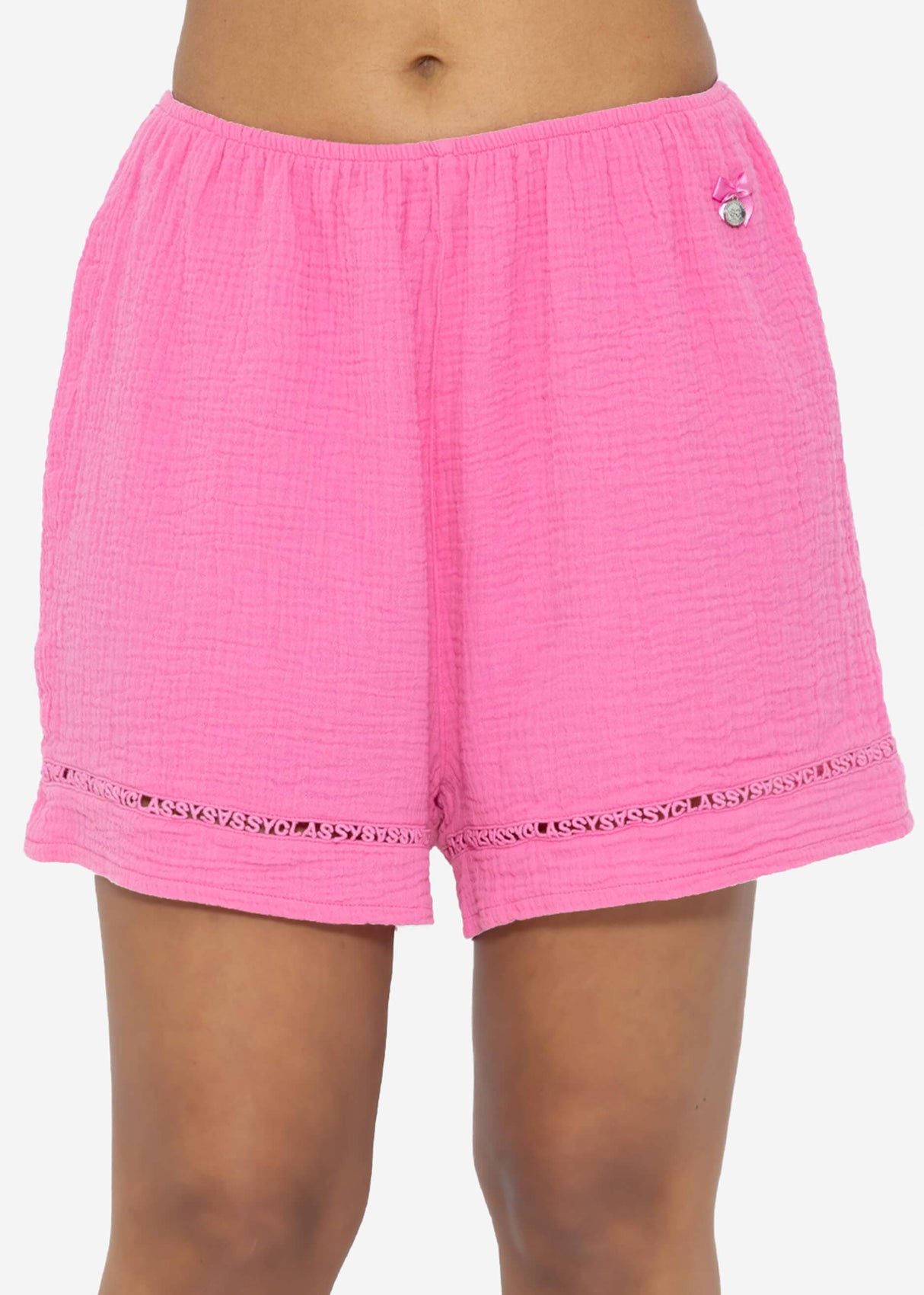 Musselin Pyjamashorts mit Spitzenborte - pink