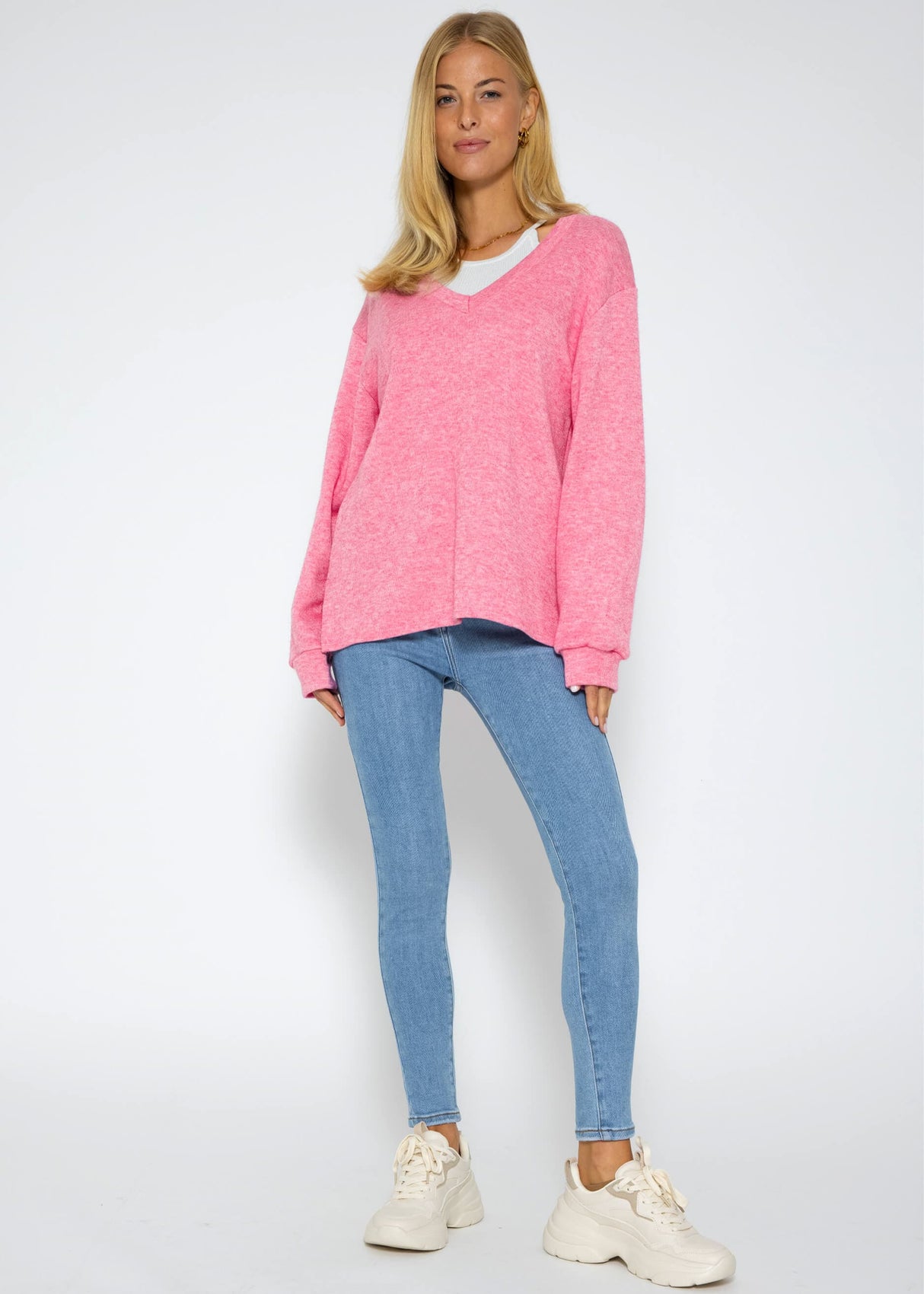 Oversize soft Sweater mit tiefem V-Ausschnitt - pink