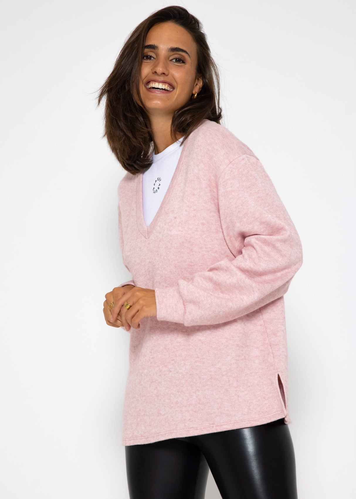 Oversize soft Sweater mit tiefem V-Ausschnitt- rosa