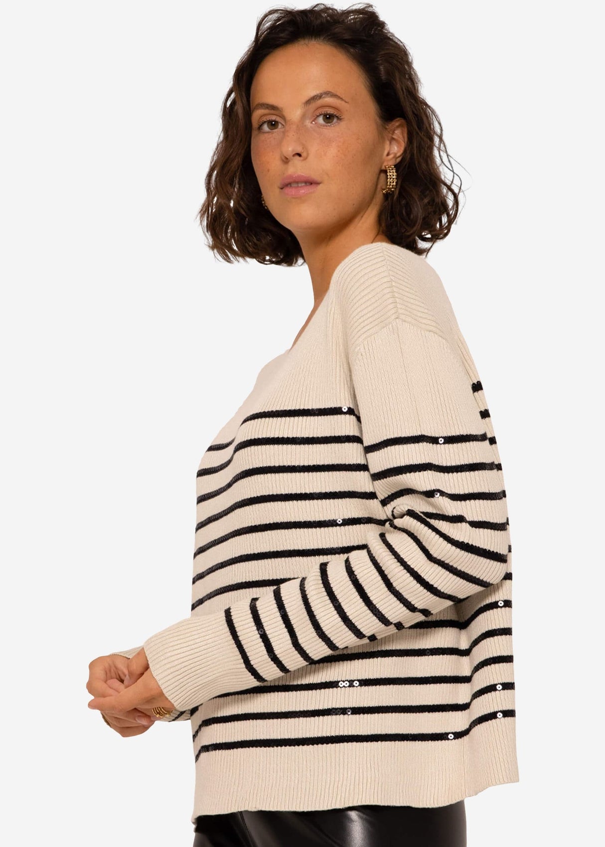 Sweater with sequin stripes - beige