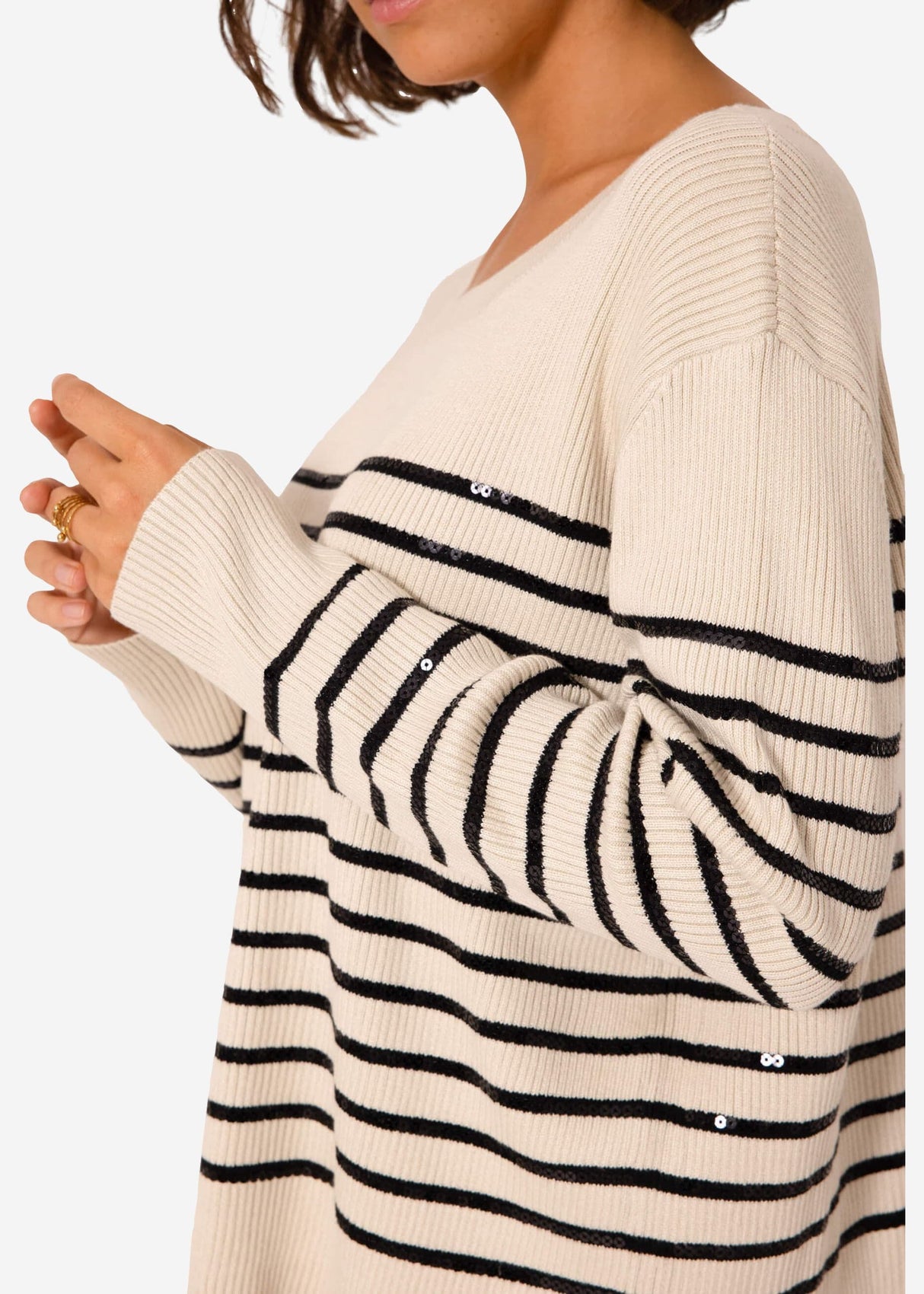 Sweater with sequin stripes - beige