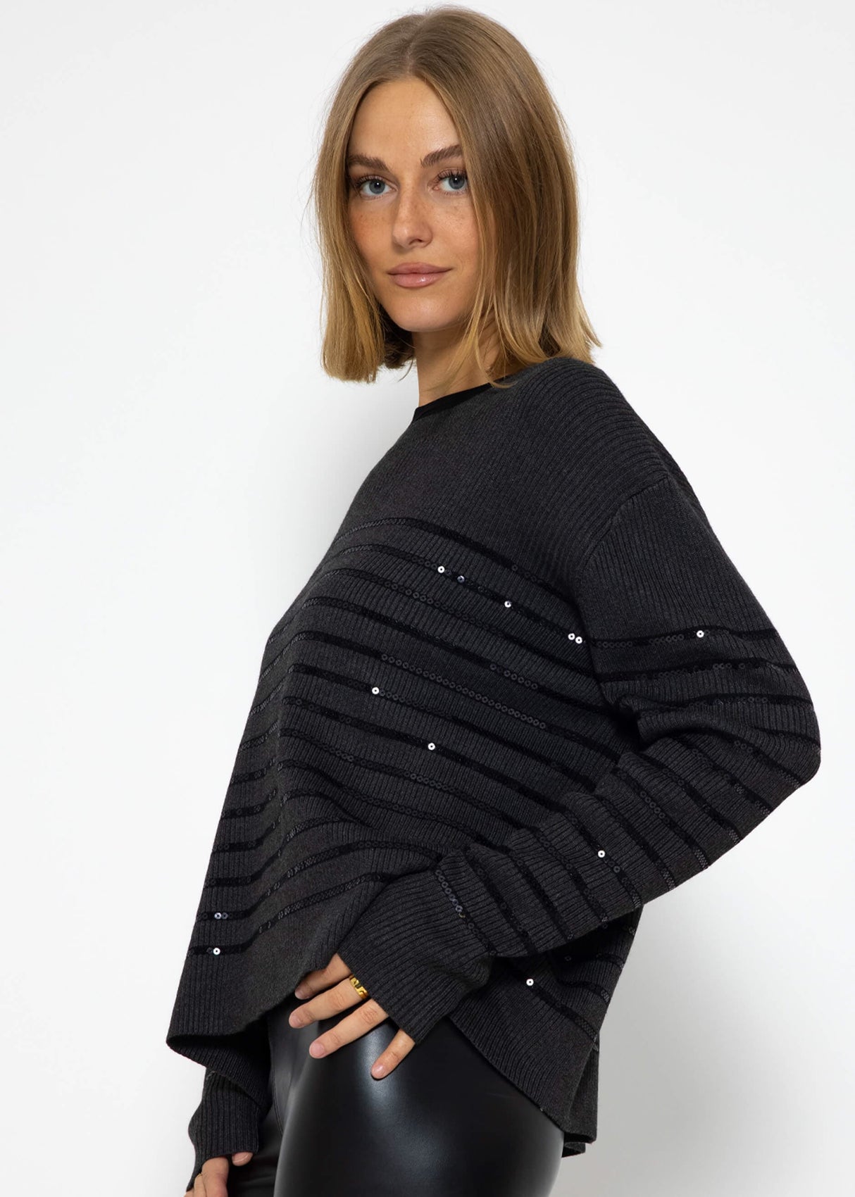 Sweater with sequin stripes - dark grey