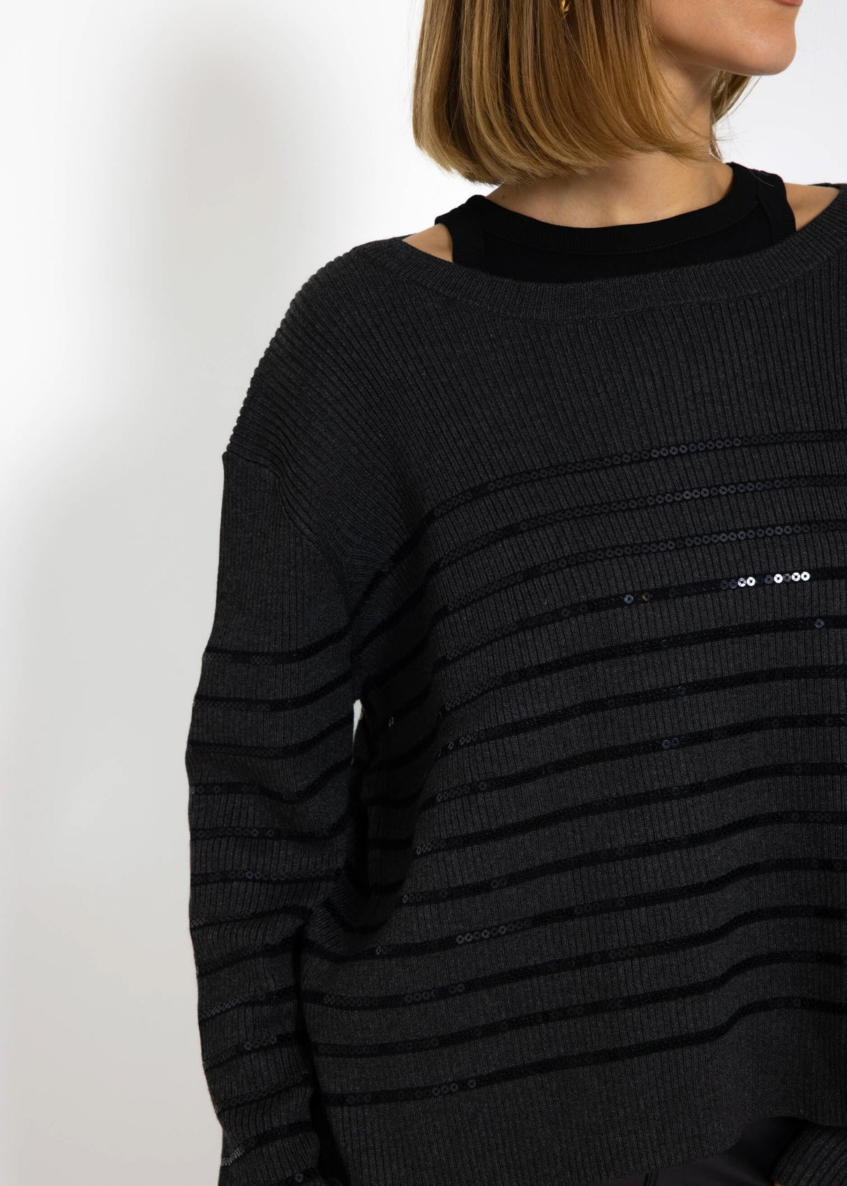 Sweater with sequin stripes - dark grey