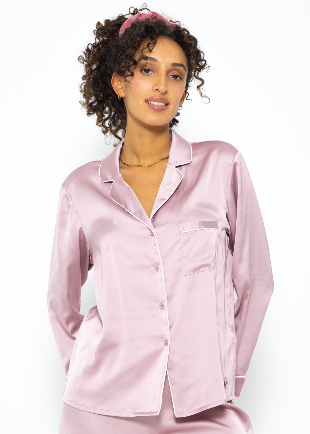 Satin pajama blouse with piping - pink