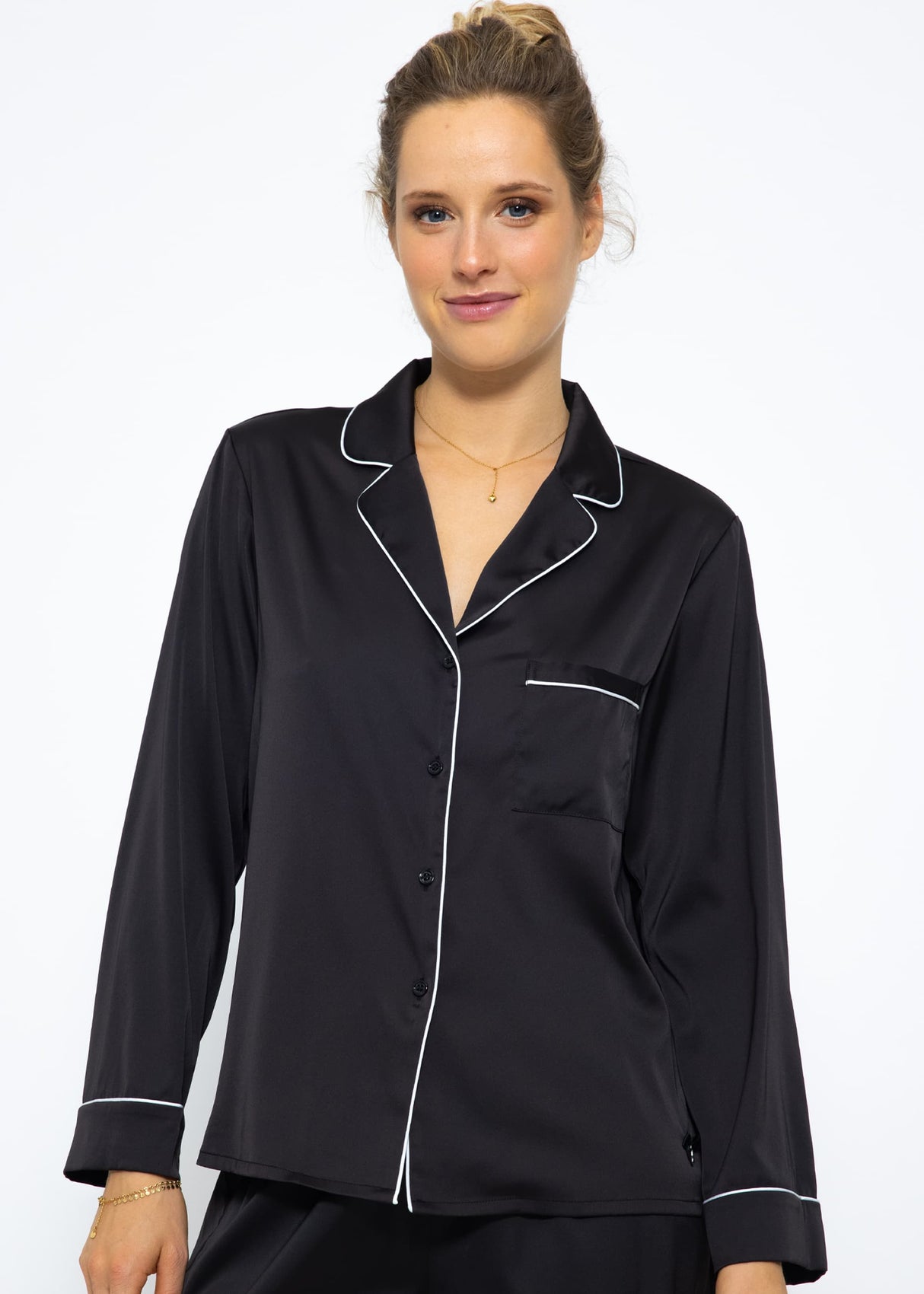 Satin Pyjama Bluse mit Paspel - schwarz