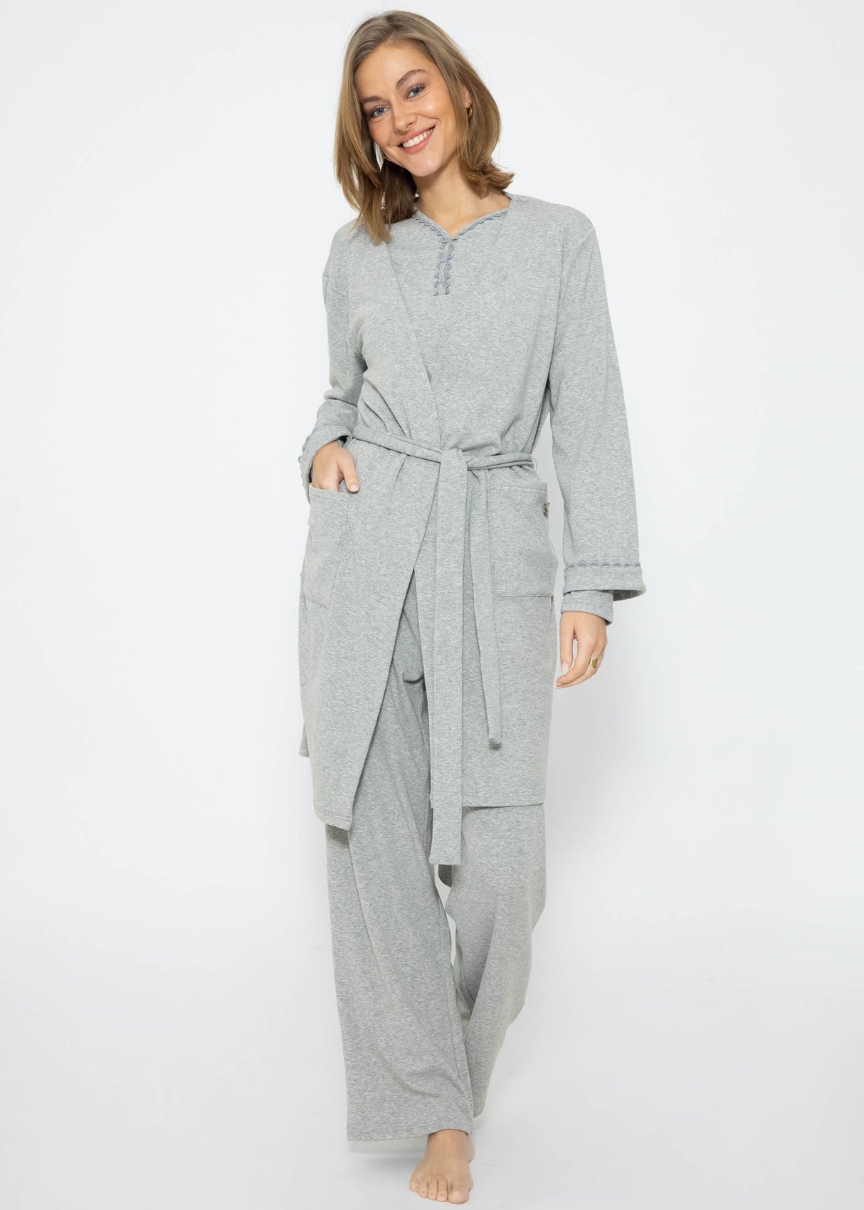 Pyjamashirt Langarm - grau melange