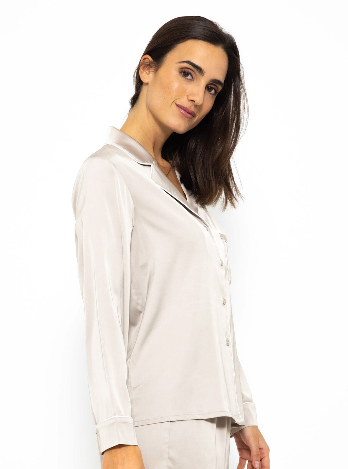 Satin Pyjama Bluse mit Paspel - champagner