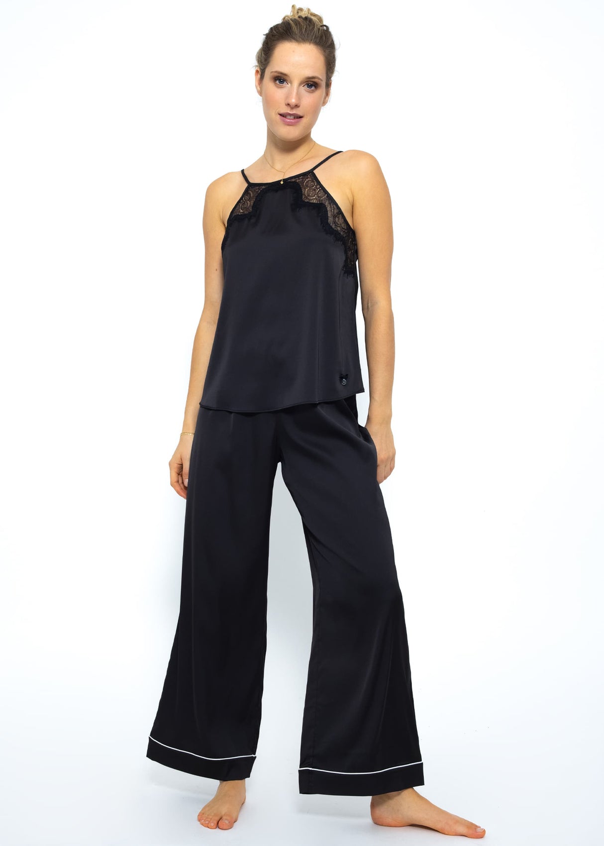 Satin Pyjama Top mit Spitze - schwarz