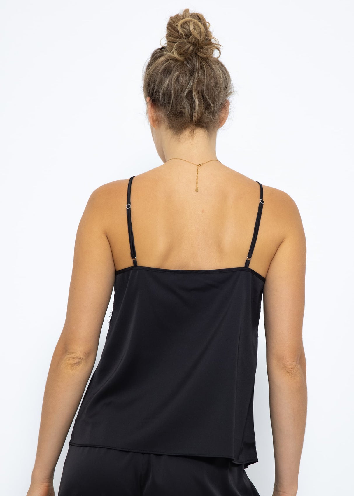 Satin Pyjama Top mit Spitze - schwarz