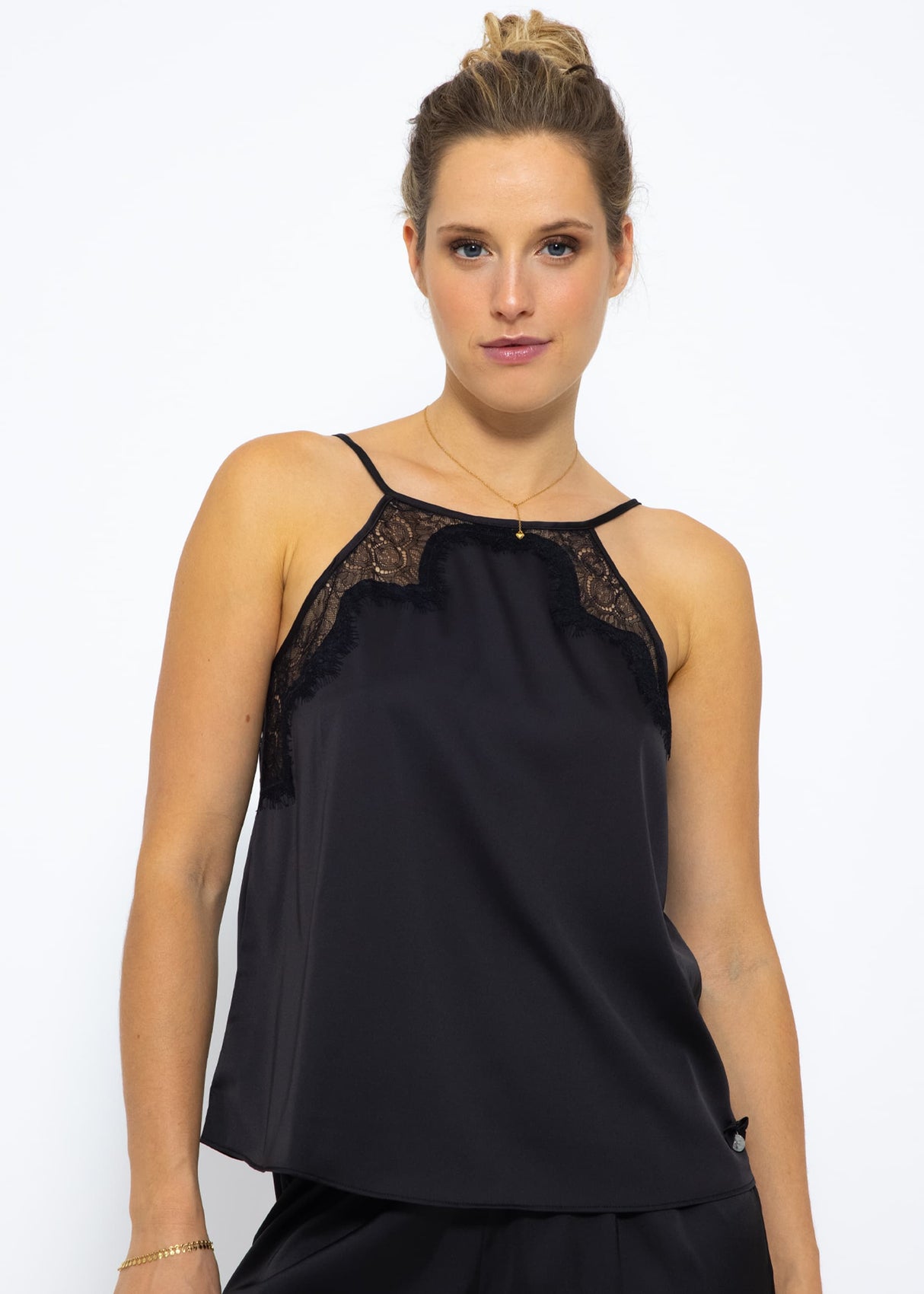 Satin Pyjama Top mit Spitze - schwarz