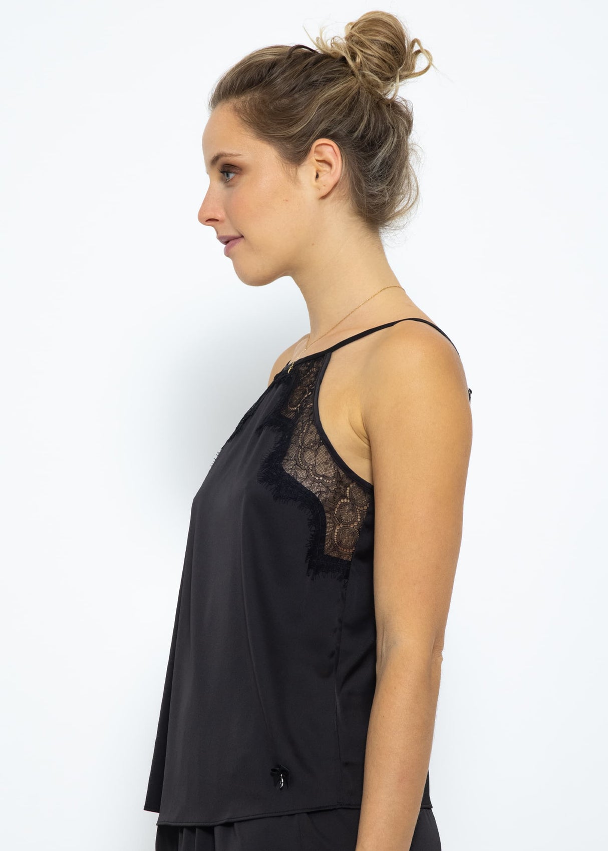 Satin Pyjama Top mit Spitze - schwarz